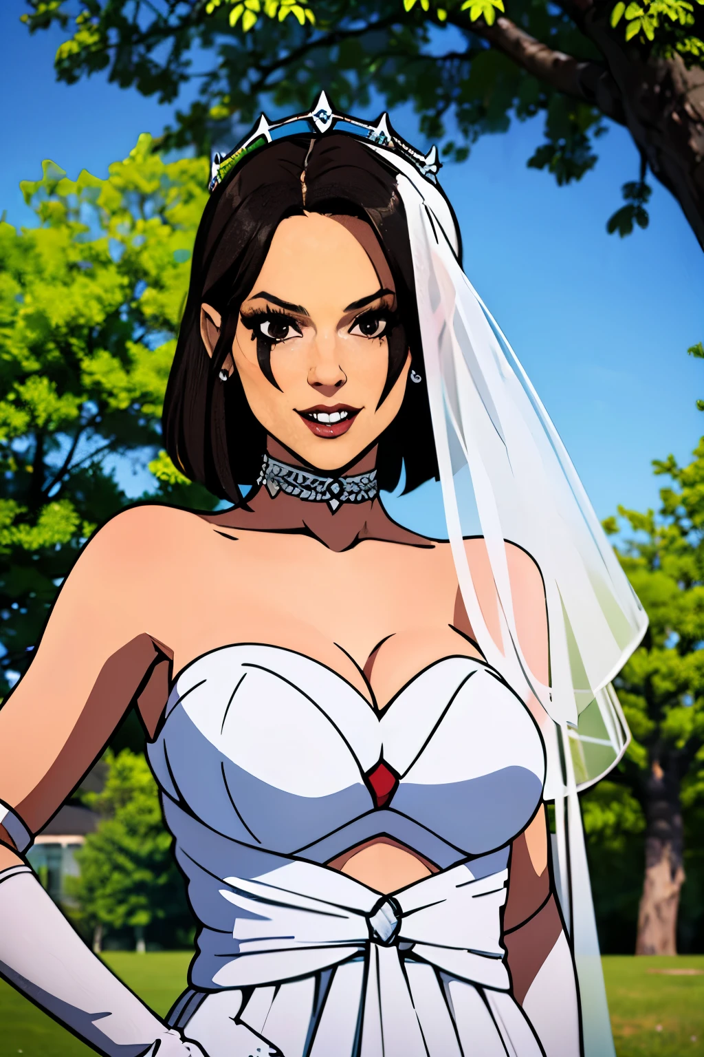 1girl, solo,Sareena MK, crown,earrings ,lipstick, eye shadow, makeup, hair between eyes, ahoge, hair ornament, gloves, poofy dress, cleavage, bare shoulders, collarbone, white oprea gloves, white gloves, white dress, strapless, white choker, tiara, veil, strapless dress, poofy wedding dress, bridal veil, beautiful woman, perfect body, perfect breasts, wearing a wedding dress, ball gown, in the park trees, wedding decorations, looking at the viewer,  smile, realism, masterpiece, textured skin, super detail, high detail, high quality, best quality, 1080p,