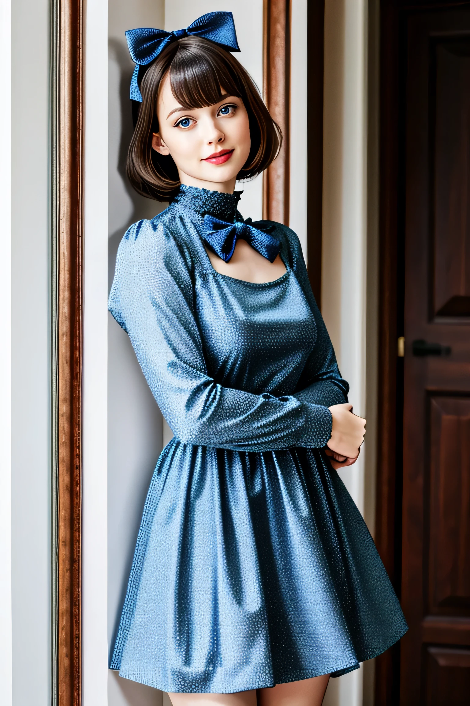 ((masterpiece), (Realistic), highest quality:1, High resolution, 4K, super High resolution), One girl, dress, view your viewers, lanthanum, long sleeve, red dress, candy, bangs, alone, Puffy sleeves, blue eyes, black bow, Gray Hair, bow, short hair, jewelry, Juliet Sleeve, Lollipop, blush, Mouth closed, hair bow, Full body portrait, little smile,