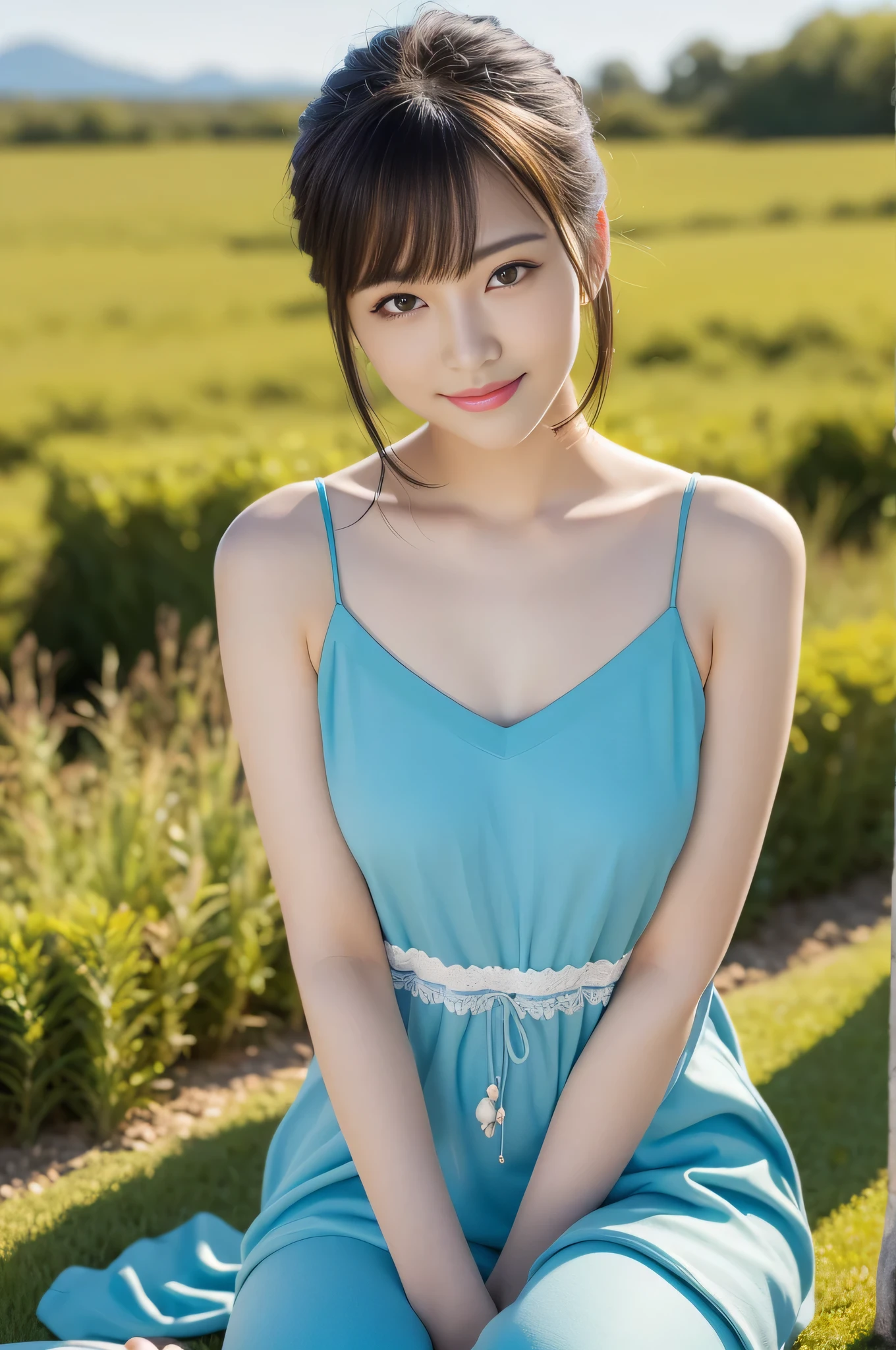 (highest quality:1.5)、(Realistic:1.5)、(1 person:1.5)、(Upper Body:1.5)、Very detailed、High resolution、8k wallpaper、Small breasts、Natural color lips、Cute Smile、Japanese women、20-year-old girl、Beautiful and elegant face、Perfect and beautiful face、Big eyeake your eyes bigger、Beautiful Eyes、Round eyebrows、Arched eyebrows、Groomed eyebrows、Beautiful and elegant face、Natural double eyelids、Natural Bangs、Beautiful thin nose、Beautiful Skin、Medium Bob Hair、Natural Bangs、Perfect and beautiful face、Slim face and figure、(Looking at the camera with a cute expression)、Bright lighting、Professional Lighting、Forward lighting、Cute Smile、Summer blue sky、Grass park on the mountain、Look at the viewers、(Staring at the camera with a cute expression)、(Lighting the face)、Bright lighting、Professional Lighting、Forward lighting、Cute Smile、Beautiful clavicle、Beautiful cleavage、Beautiful feet、Smooth Skin、camisole、it on the grass、wariza, Place your hands on your thighs、Beautiful thighs、Sit down、Leaning forward、Girl sitting、seiza、belly button、
