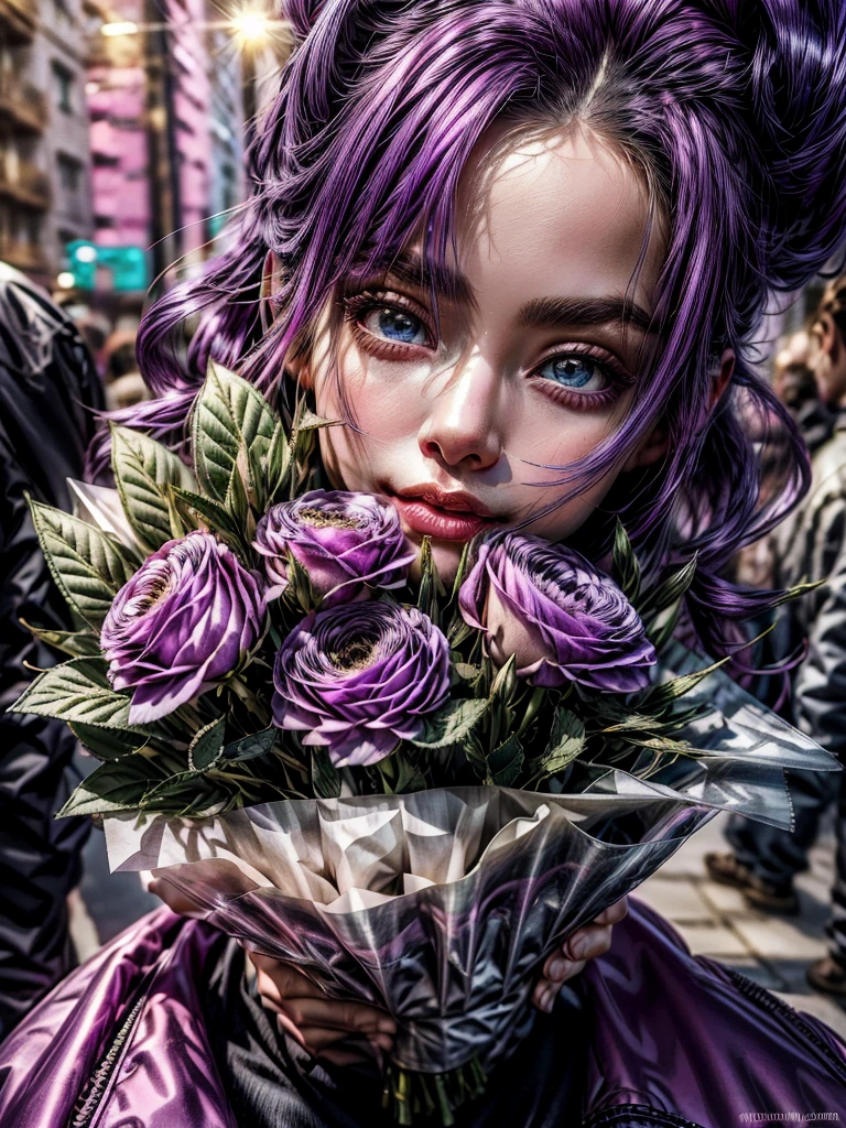 (best quality, ultra-detailed:1.2), 1girl, purple hair, pink jacket, black pants, background shiny day, detailed face features, beautiful eyes, detailed lips, girl holding a bouquet of flowers, vibrant colors, soft lighting, dreamlike atmosphere, realistic style, bokeh effects.