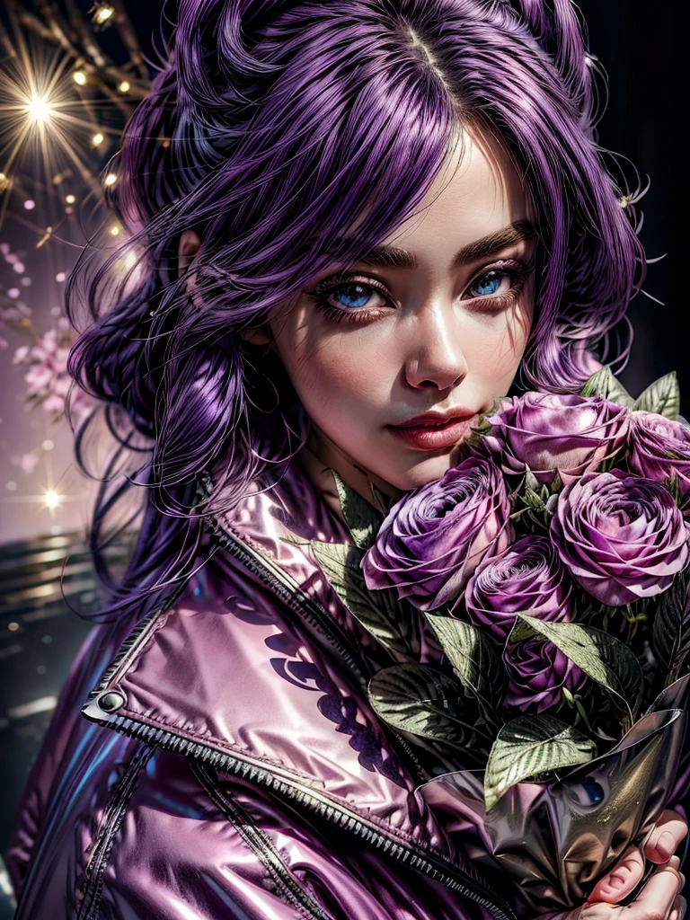 (best quality, ultra-detailed:1.2), 1girl, purple hair, pink jacket, black pants, background shiny day, detailed face features, beautiful eyes, detailed lips, girl holding a bouquet of flowers, vibrant colors, soft lighting, dreamlike atmosphere, realistic style, bokeh effects.