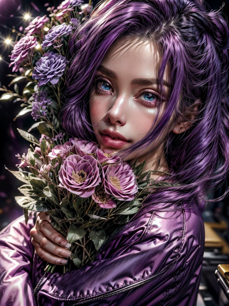 (best quality, ultra-detailed:1.2), 1girl, purple hair, pink jacket, black pants, background shiny day, detailed face features, beautiful eyes, detailed lips, girl holding a bouquet of flowers, vibrant colors, soft lighting, dreamlike atmosphere, realistic style, bokeh effects.