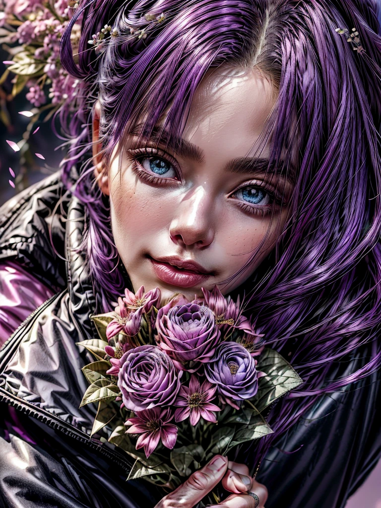 (best quality, ultra-detailed:1.2), 1girl, purple hair, pink jacket, black pants, background shiny day, detailed face features, beautiful eyes, detailed lips, girl holding a bouquet of flowers, vibrant colors, soft lighting, dreamlike atmosphere, realistic style, bokeh effects.