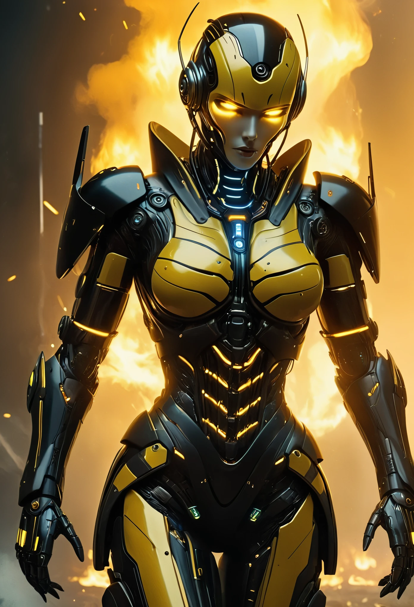 (Best Quality, 4K, 8K, High Definition, Masterpiece:1.2), (Ultra Detailed, Realistic, Photorealistic:1.37),A terrifying female combat android combined with a human female and a hornet, featuring yellow and black color scheme, enormous compound eyes, and futuristic technology. The android has a fearsome appearance with a toned and muscular body. It is equipped with advanced weaponry and armor that displays intricate mechanical details. The android's face possesses a combination of human-like features and the distinct characteristics of a hornet, including razor-sharp mandibles and antennae. Its eyes are exceptionally large, comprised of countless facets and emit an intimidating glow. The android's metallic exoskeleton is predominantly yellow, with striking black accents that give it a menacing presence. The armor is sleek and seamless, exhibiting a seamless integration with the android's physique. The scene is set in a futuristic battleground, with crumbling buildings and debris surrounding the combat android. Flames and smoke billow from destroyed structures, evoking a sense of chaotic destruction. The lighting in the scene is dramatic, with harsh spotlights casting long shadows across the android, emphasizing its imposing figure. The overall color palette is dominated by shades of yellow and black, creating a strong and menacing atmosphere. The image quality is of the highest standard, capturing every intricate detail of the combat android and the surrounding environment.(NDFW:1.3)