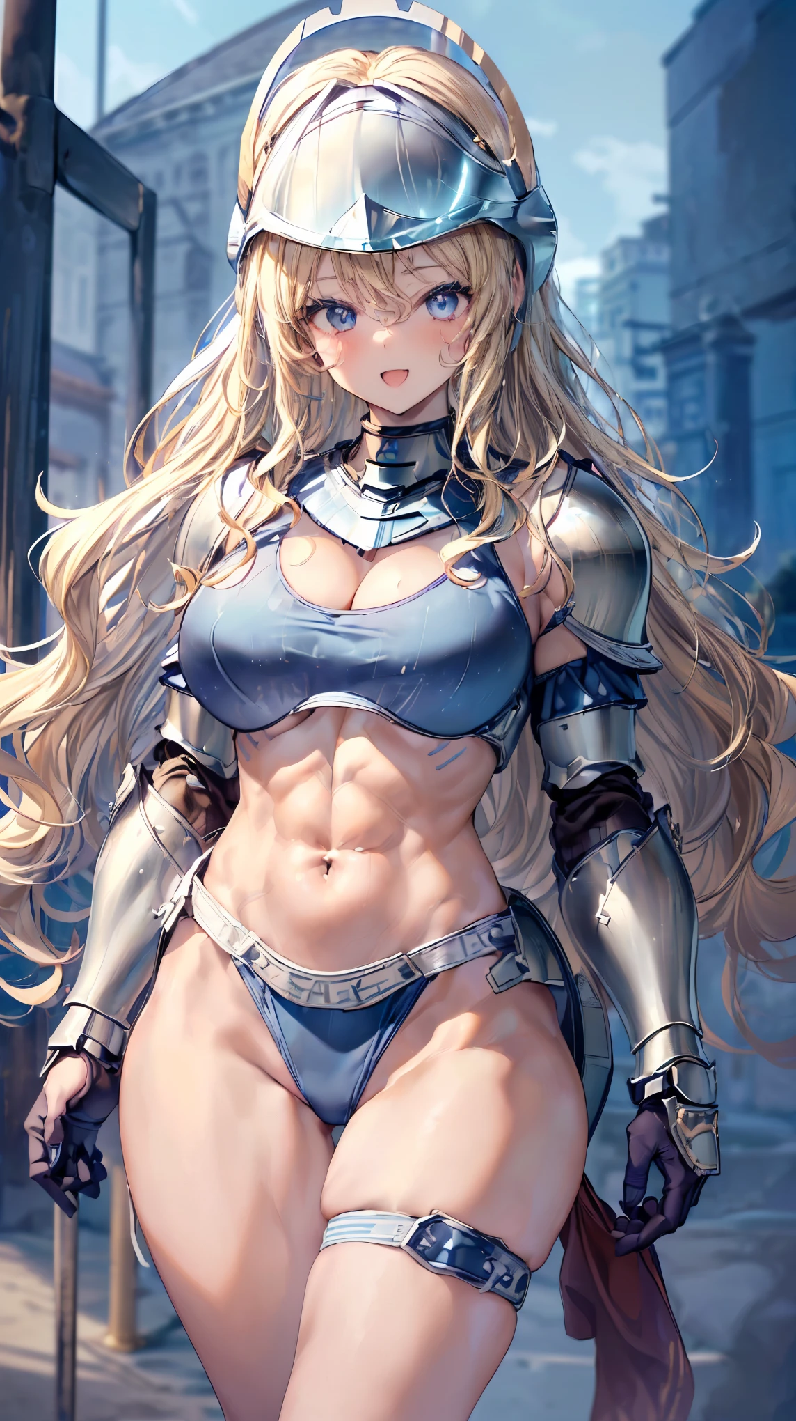 (Adult women:1.5)、Very detailed、highest quality、Best image quality、masterpiece、8k、Anime Face、A kind smile、(Open your mouth:1.3)、Sparkling blue eyes、(Blonde Wavy Hair:1.5)、、Muscles of the whole body、(High leg:1.5)、Thigh belt、(Wearing steel bikini armor:1.5)、(Cowboy Shot:1.5)、(Leg armor:1.5)、(Wearing a helmet:1.5)、SFW Giant