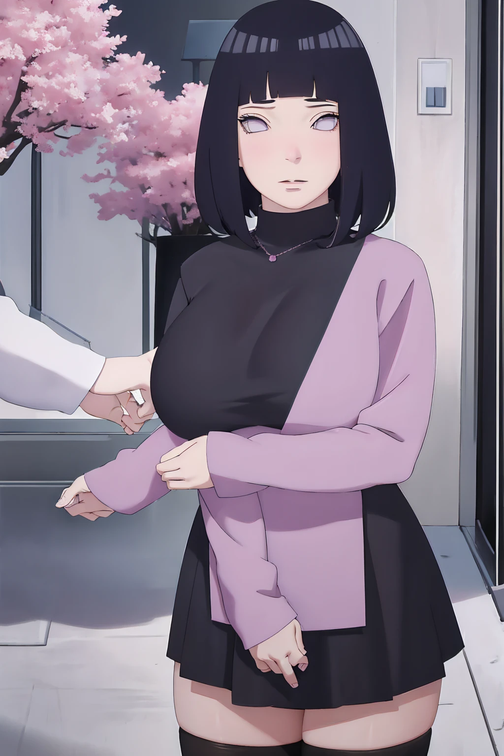 masterpiece, absurdres, hinata\(boruto\), 1girl, solo,mature female, tshirt long sleeve, black dress, high waist short skirt, looking at viewer, (falling petals), perfect composition, detailed lips, big breast, beautiful face, body propotion, blush, (pink lips), long hair,  purple eyes,  soft gaze,  super realistic, detailed, photoshoot, realistic face and body, thighhighs, happy, closed mouth