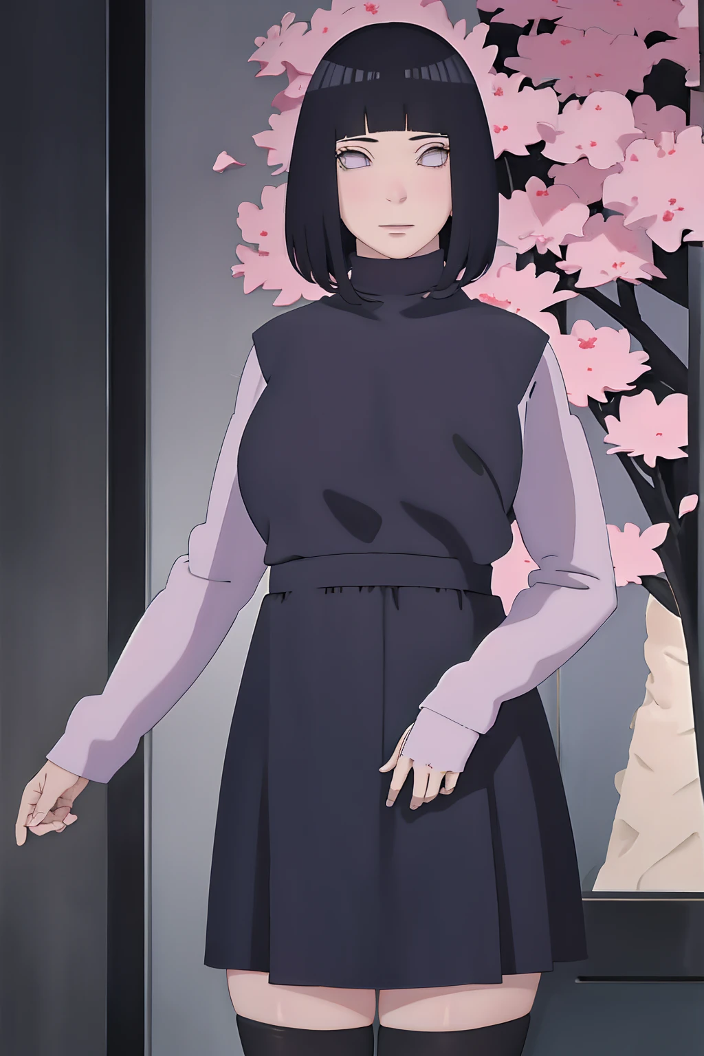 masterpiece, absurdres, hinata\(boruto\), 1girl, solo,mature female, tshirt long sleeve, black dress, high waist short skirt, looking at viewer, (falling petals), perfect composition, detailed lips, big breast, beautiful face, body propotion, blush, (pink lips), long hair,  purple eyes,  soft gaze,  super realistic, detailed, photoshoot, realistic face and body, thighhighs, happy, closed mouth