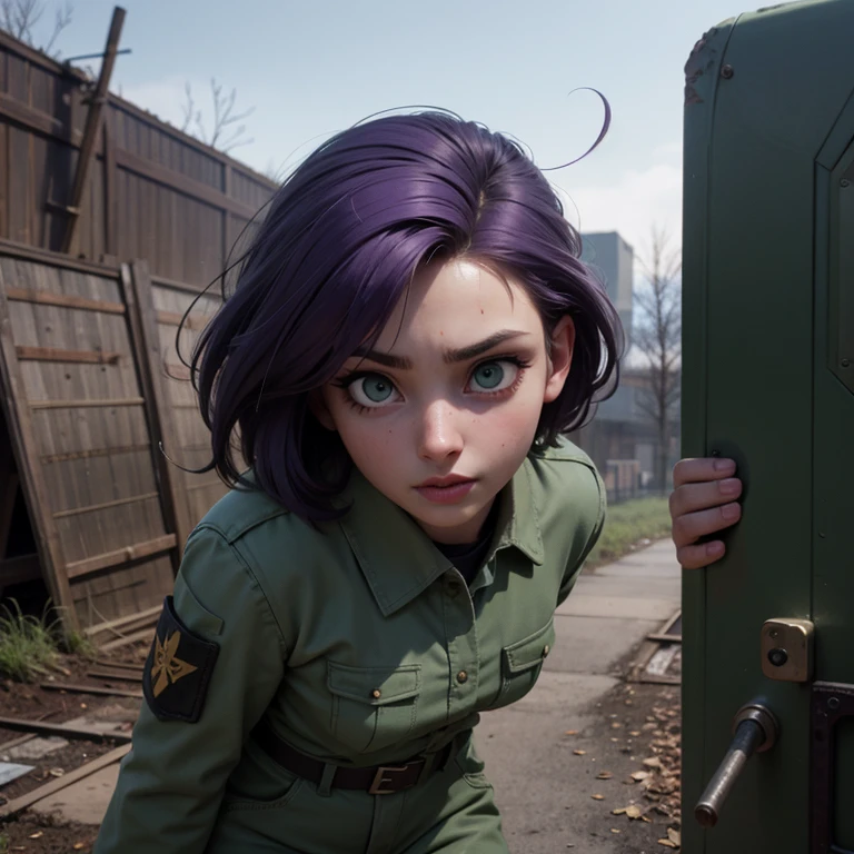 Girl wears open combenison, Chernobyl exclusion zone, S.T.A.L.K.E.R, purple hair, green eyes, scar above her left eyebrow, unarmed, scared.