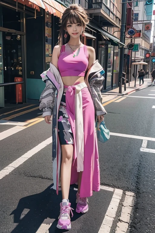 highest quality, Very detailed, masterpiece, 1 person,woman,(((完璧なwomanの体))),Very beautiful face, Very beautiful body,Gentle expression, Very beautiful eyes,(Perfect Makeup:1.1),Fashion Model,Fractal Graphic Art,Cyberpunk Fashion,Long Hair,Shaggy Hair,Fluorescent blue and orange hair:1.3, Very thin body,Smart Abs, Green and purple cyberpunk outfit, Fluorescent pink and blue long skirt,necklace,anklet,Two-tone high-top sneakers,A kind smile,Full body portrait,(Street background:1.3), (Shiny skin),(Earrings),Geometric pattern,Gradation,neon,