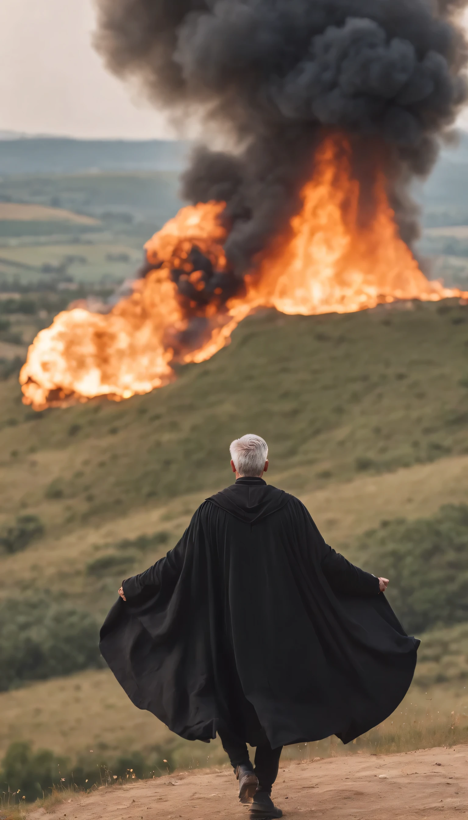 8k, close distance portrait, a male wizard with black clothes and grey short hair from behind, throwing a super massive huge fireball to a village in the distance from hill, with a burning village background the distance