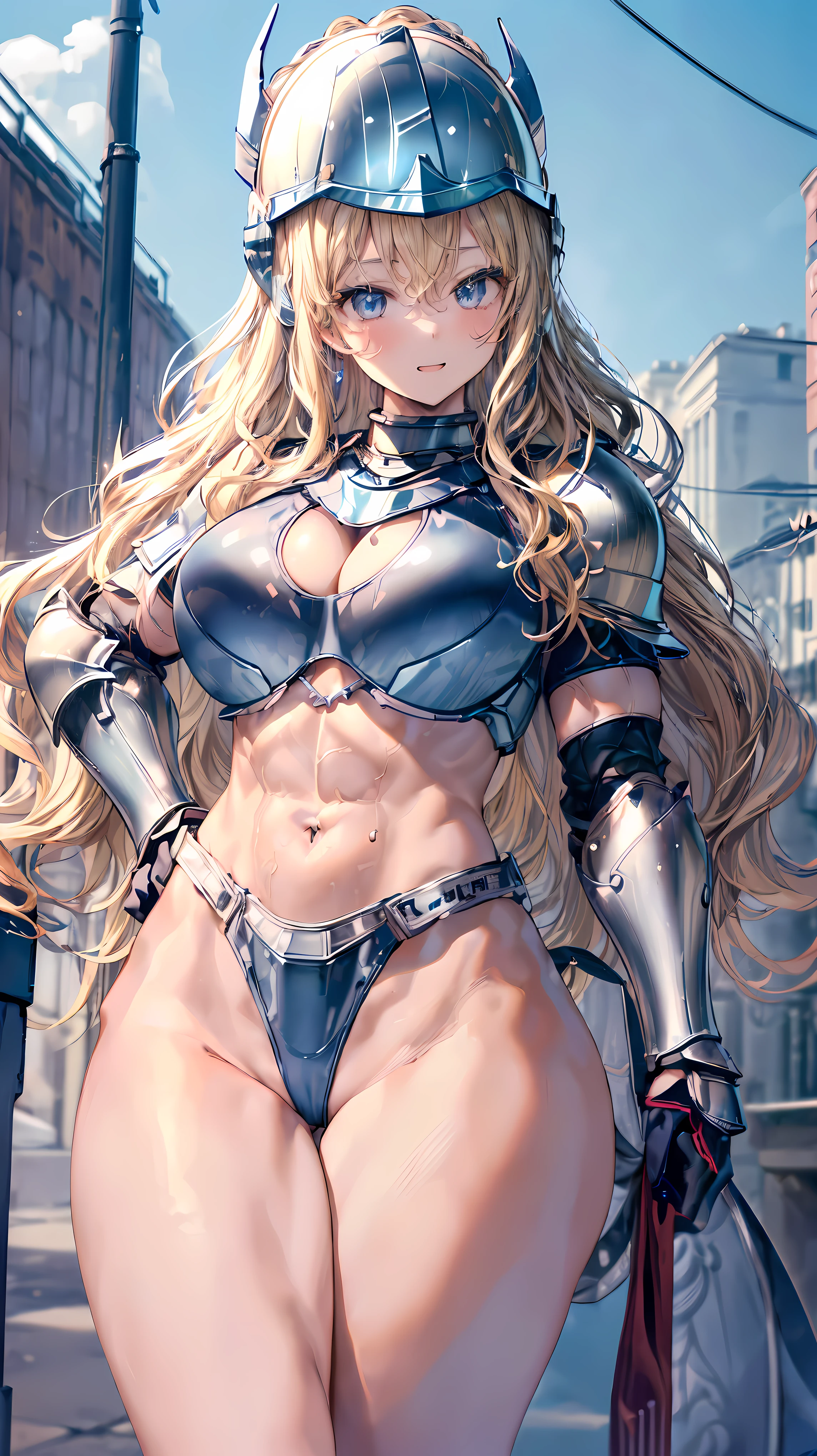 (Adult women:1.5)、Very detailed、highest quality、Best image quality、masterpiece、8k、Anime Face、A kind smile、(Open your mouth:1.3)、Sparkling blue eyes、(Blonde Wavy Hair:1.5)、、Muscles of the whole body、(High leg:1.5)、Thigh belt、(Wearing steel bikini armor:1.5)、(Cowboy Shot:1.5)、(Leg armor:1.5)、(Wearing a helmet:1.5)、SFW Giant