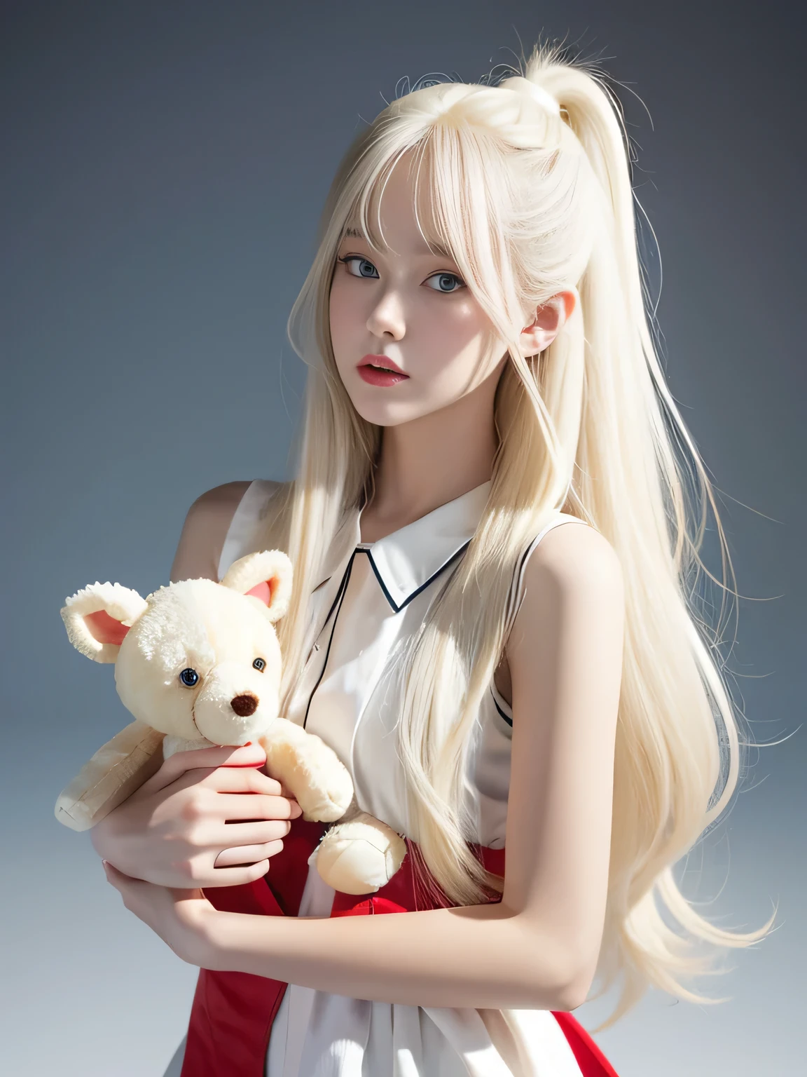 Hair shaking, victory, Long eyelashes, Solid round eye, A faint smile, ears red, direction, Surrealism, shadow, Relief, Stereogram, Standing picture, View, Atmospheric perspective, 8k, Super Detail, precise, best quality，Blonde girl in white shirt and red suspenders，Holding a stuffed animal in his arms, Her hair is white, White Princess Hairstyle, very light blonde, Have long white hair, very light blonde hair, White ponytail, White hair girl, white - blond hair, Have long white hair, Long white hair and bangs, Sakimichan, Girl&#39;s hair is white