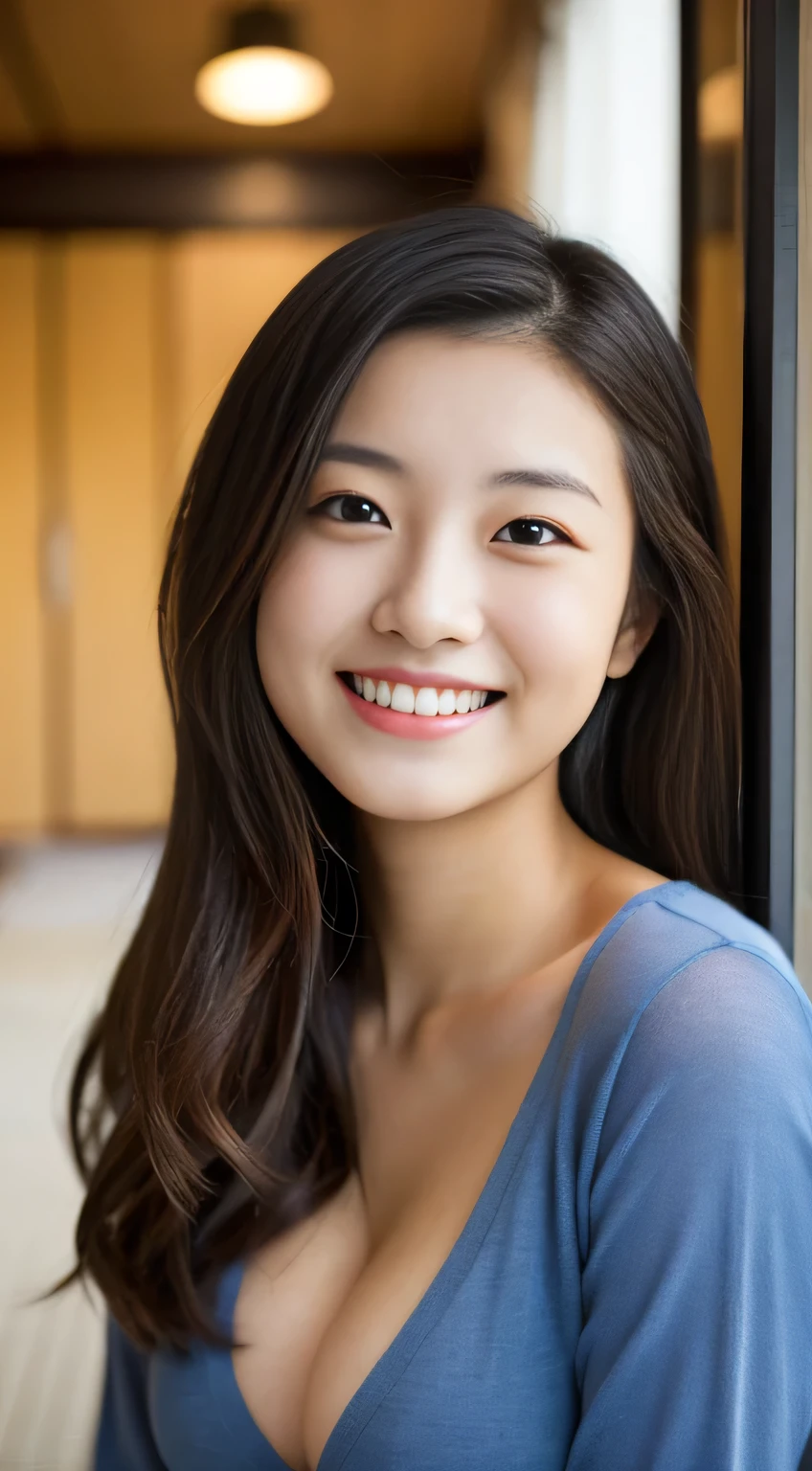 masterpiece,best quality,(Japanese ),((Beautiful girl)),cleavage,indoor,(perfect body beauty:1.2),(shy smile),beautiful teeth,