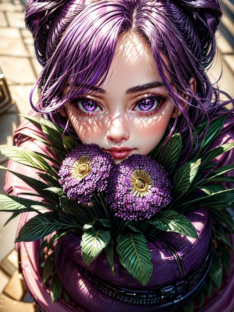 (best quality, ultra-detailed:1.2), 1girl, purple hair, pink jacket, black pants, background shiny day, detailed face features, beautiful eyes, detailed lips, girl holding a bouquet of flowers, vibrant colors, soft lighting, dreamlike atmosphere, realistic style, bokeh effects.