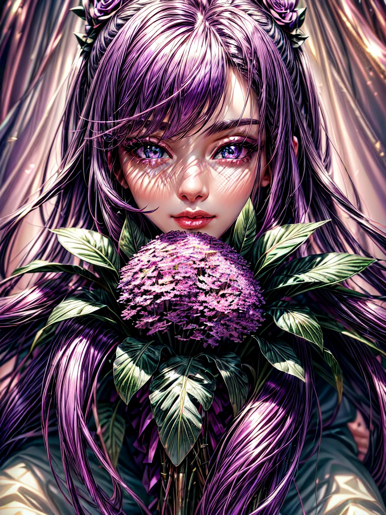 (best quality, ultra-detailed:1.2), 1girl, purple hair, pink jacket, black pants, background shiny day, detailed face features, beautiful eyes, detailed lips, girl holding a bouquet of flowers, vibrant colors, soft lighting, dreamlike atmosphere, realistic style, bokeh effects.