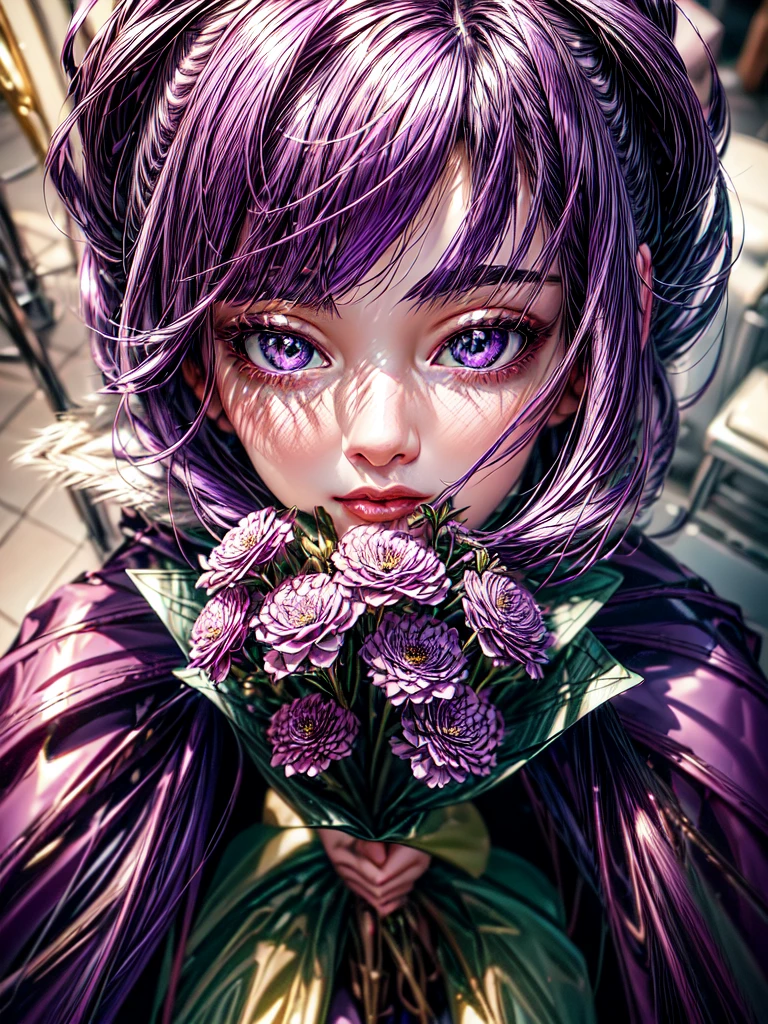 (best quality, ultra-detailed:1.2), 1girl, purple hair, pink jacket, black pants, background shiny day, detailed face features, beautiful eyes, detailed lips, girl holding a bouquet of flowers, vibrant colors, soft lighting, dreamlike atmosphere, realistic style, bokeh effects.