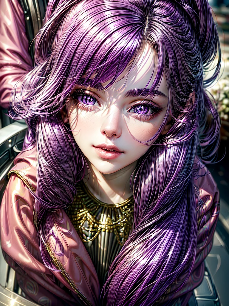 (best quality, ultra-detailed:1.2), 1girl, purple hair, pink jacket, black pants, background shiny day, detailed face features, beautiful eyes, detailed lips, girl holding a bouquet of flowers, vibrant colors, soft lighting, dreamlike atmosphere, realistic style, bokeh effects.