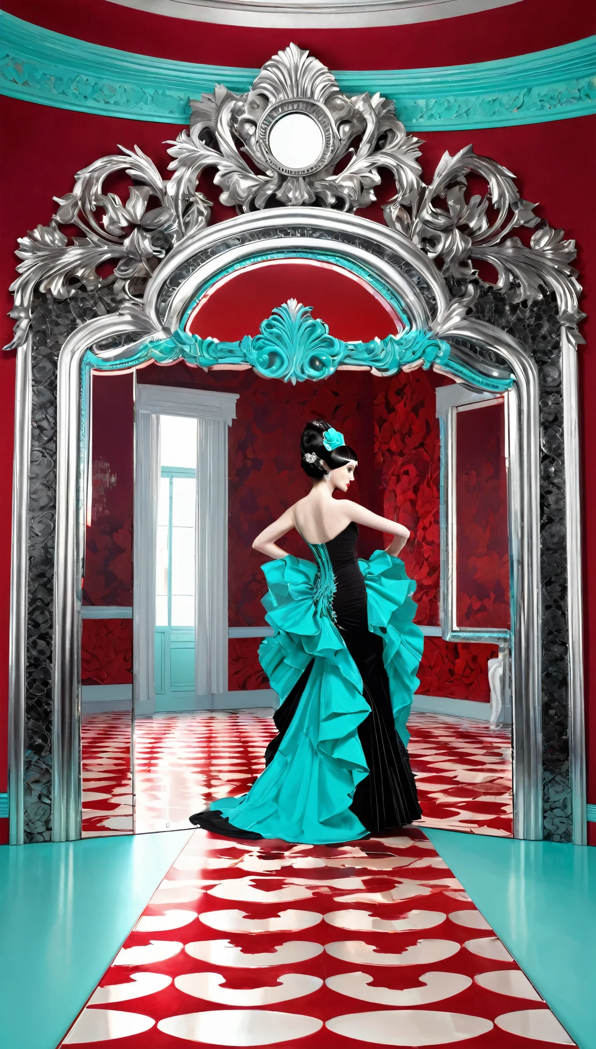 best quality, super fine, 16k, incredibly absurdres, extremely detailed, delicate and bold, a work of art, a carved mirror frame made of luxurious silver chrome plating, cracks radiating from the center of the mirror, red and black flamenco costumes reflected in the mirror, beautiful woman, Tiffany blue plaster room