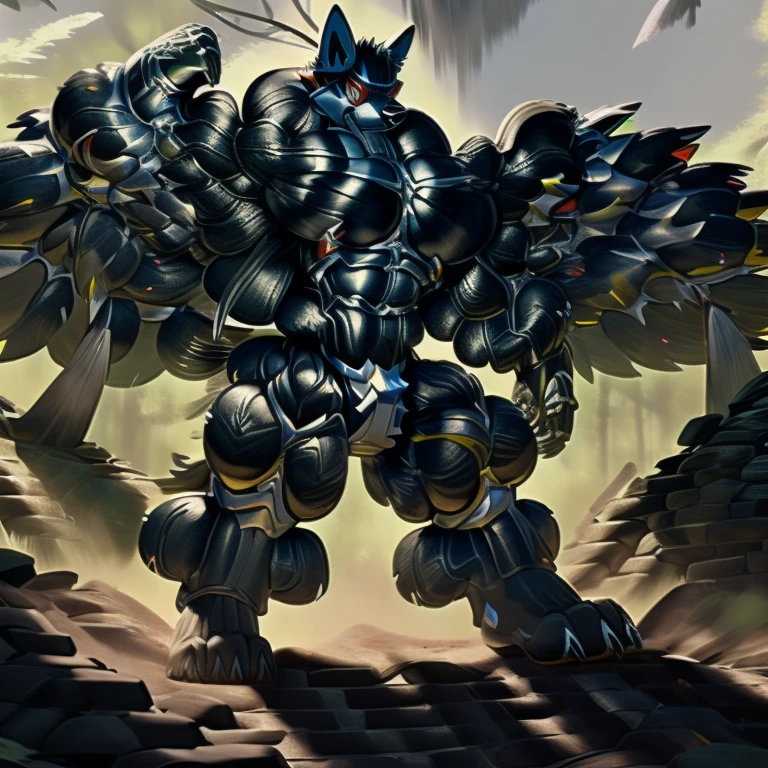 LUCARIO, (gigantic muscles), 8K, Masterpiece, highres, future fiction. Detailed head, Detailed Body, full body, Detailed abs, wearing crNanosuit, big muscle (pecs, triceps, traps) unusually developed muscular body, body full of huge muscles. showing off muscles, pectorales enormes. Exaggeratedly huge muscles. Gigachad Muscular, gigantic muscles, Colossal giant NANOSUIT over a battlefield, 
The claws are sharp,
Sharp teeth,
Spread wings, have big wings.
nj5furry, Animal paws, 4 Arms,