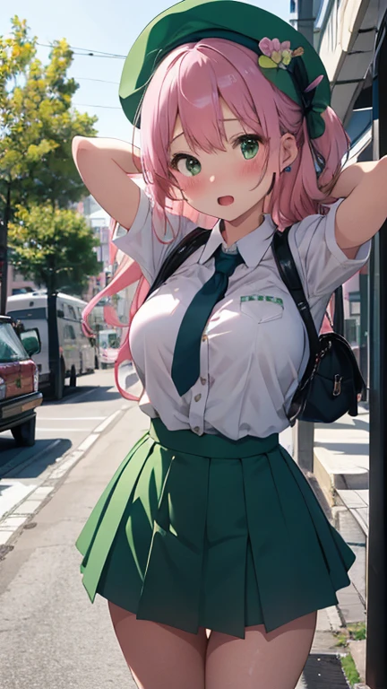 masterpiece、highest quality、Very detailed、Photograph the upper body、1 female、(Put your arms behind your back:1.2)、Are standing、Turn your body forward、View your viewers、(bus guide、green-lady's-suit,green-mini-skirt,green-mini-round-hat)、break,blush、shy、Pink Hair、Open your mouth、inside bus、Big Breasts、