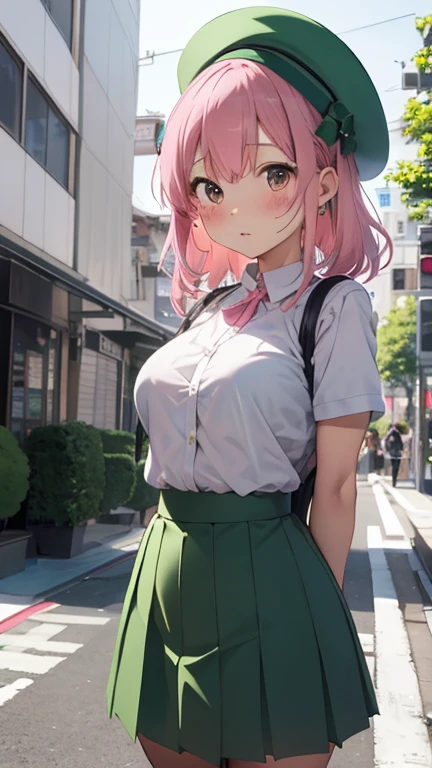 masterpiece、highest quality、Very detailed、Photograph the upper body、1 female、(Put your arms behind your back:1.2)、Are standing、Turn your body forward、View your viewers、(bus guide、green-lady's-suit,green-mini-skirt,green-mini-round-hat)、break,blush、shy、Pink Hair、Open your mouth、inside bus、Big Breasts、