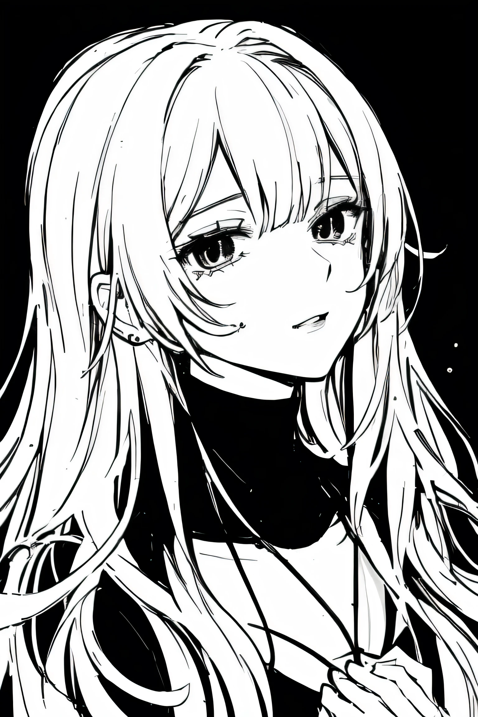 sketch by NTY,  black background, woman,black and white aesthethic girl anime pfp