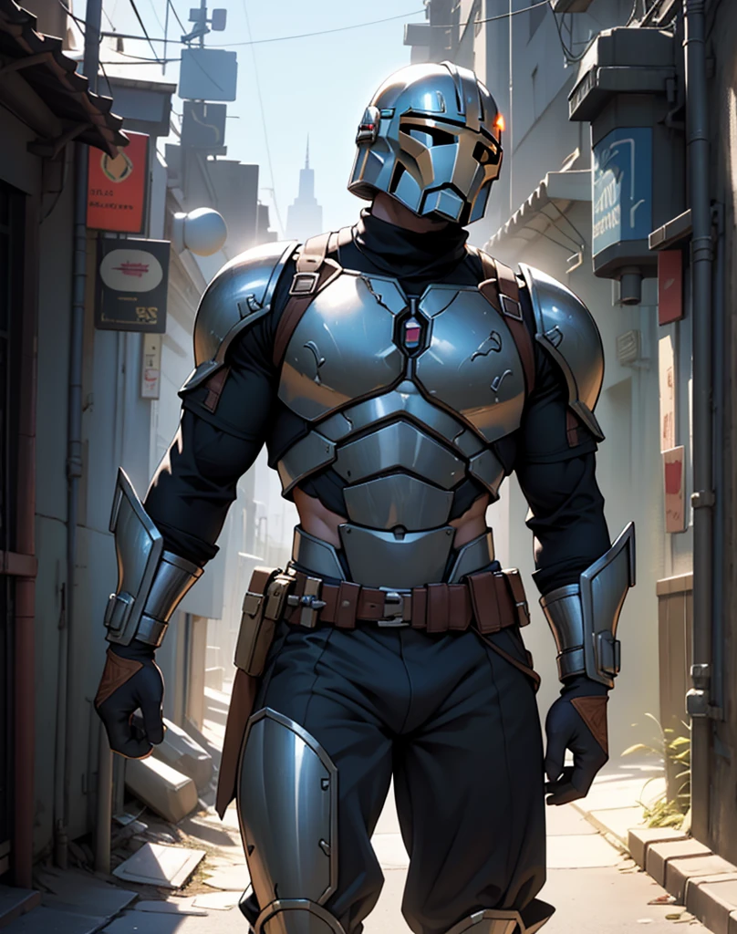 Muscular mature male Djin Djarin, aged 40,Solo,Slag muscular body, vast pec of Djin Djarin, seductive, Wide chest and shoulders, slim waist, Thick-breasted,Huge crotch long bulge,tight Mandalorian beskar uniform, slim waist, Djin Djarin waist, Stand up, full bodyesbian, confident look, Mandalorian silver beskar helmet features, Ultra-realistic photo style, High- sharpness, cinematic light, intricately lens flares details.