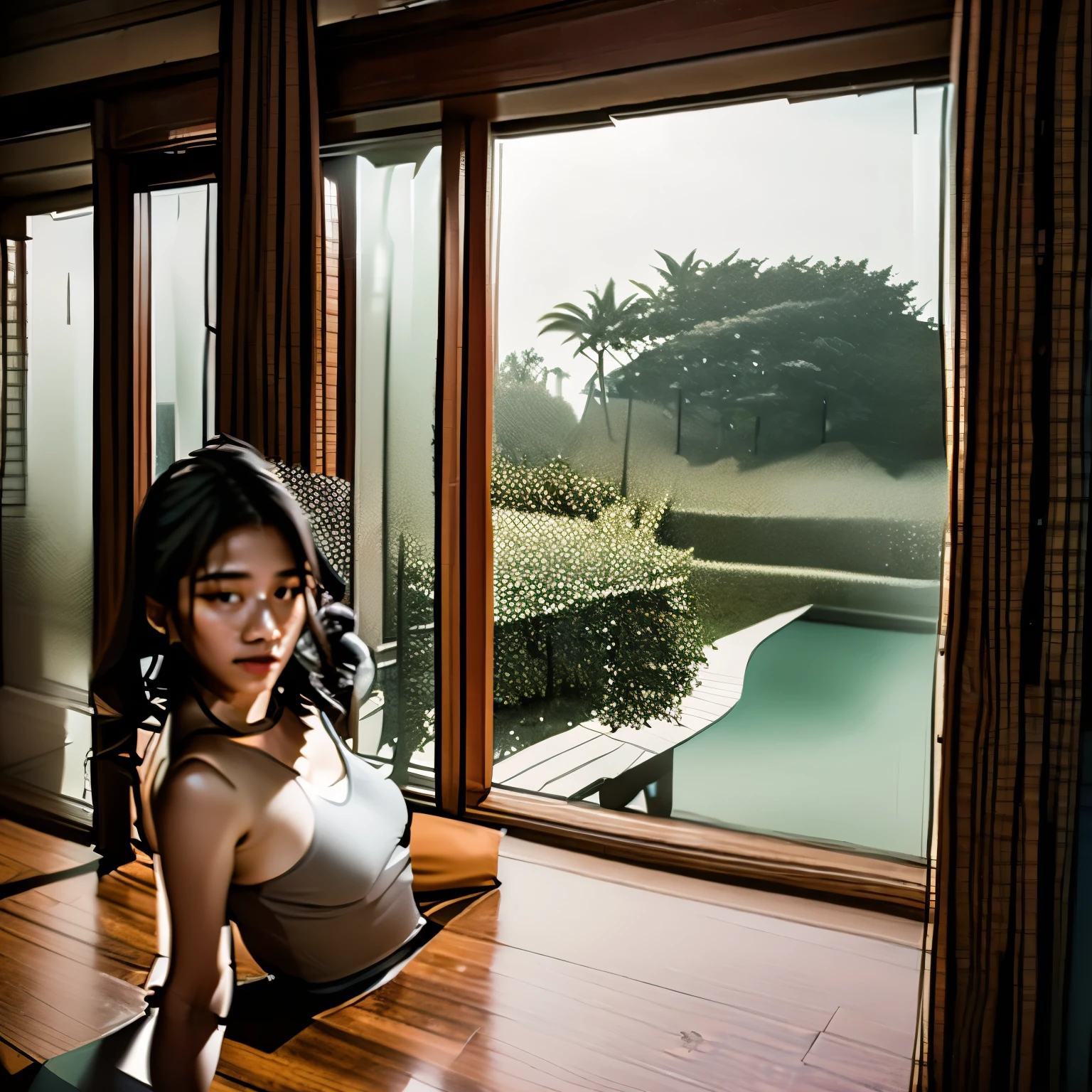 make me a photo of an established girl with her luxurious house in the background