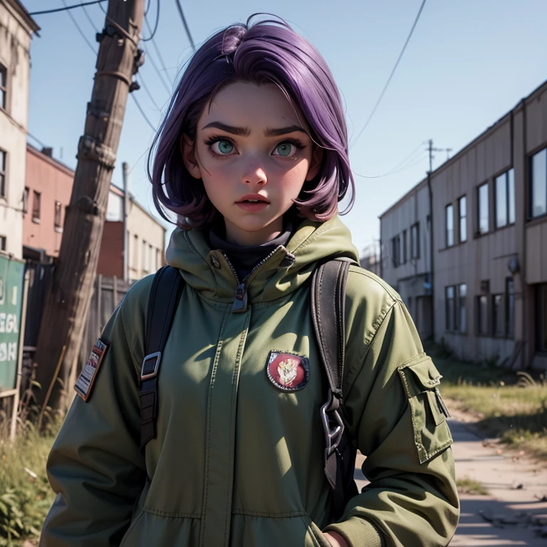 Girl wears open combenison, Chernobyl exclusion zone, S.T.A.L.K.E.R, purple hair, green eyes, scar above her left eyebrow, unarmed, scared.