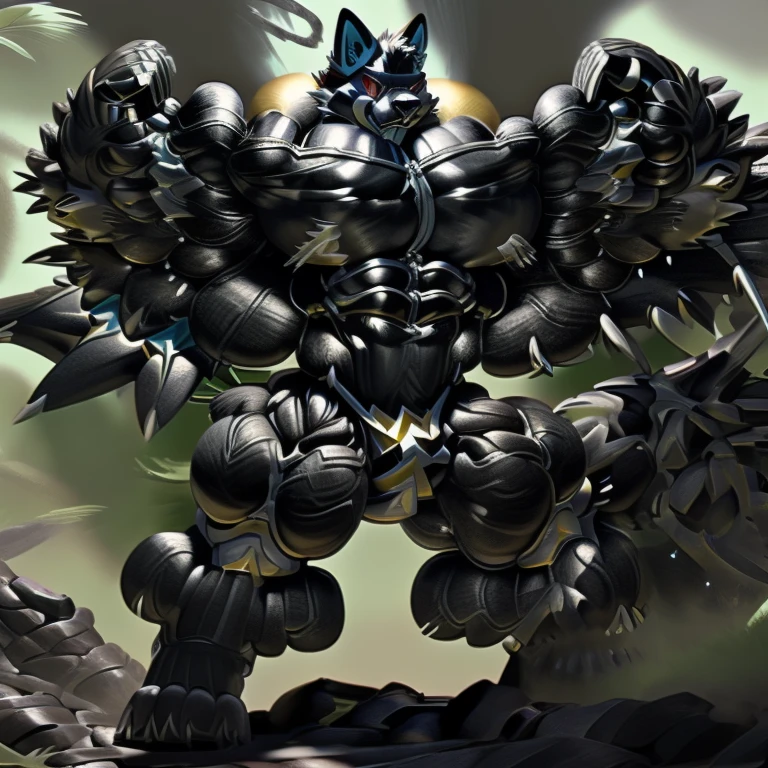 LUCARIO, (gigantic muscles), 8K, Masterpiece, highres, future fiction. Detailed head, Detailed Body, full body, Detailed abs, wearing crNanosuit, big muscle (pecs, triceps, traps) unusually developed muscular body, body full of huge muscles. showing off muscles, pectorales enormes. Exaggeratedly huge muscles. Gigachad Muscular, gigantic muscles, Colossal giant NANOSUIT over a battlefield,
The claws are sharp,
Sharp teeth,
Spread wings, have big wings.
nj5furry, Animal paws, bulge in the crotch wears a small black string thong that reveals huge muscular thighs. (metallic color: jet black thong)
