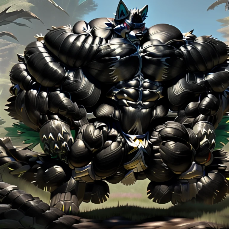 LUCARIO, (gigantic muscles), 8K, Masterpiece, highres, future fiction. Detailed head, Detailed Body, full body, Detailed abs, wearing crNanosuit, big muscle (pecs, triceps, traps) unusually developed muscular body, body full of huge muscles. showing off muscles, pectorales enormes. Exaggeratedly huge muscles. Gigachad Muscular, gigantic muscles, Colossal giant NANOSUIT over a battlefield, 
The claws are sharp,
Sharp teeth,
Spread wings, have big wings.
nj5furry, Animal paws, bulge in the crotch wears a small black string thong that reveals huge muscular thighs. (metallic color: jet black thong)