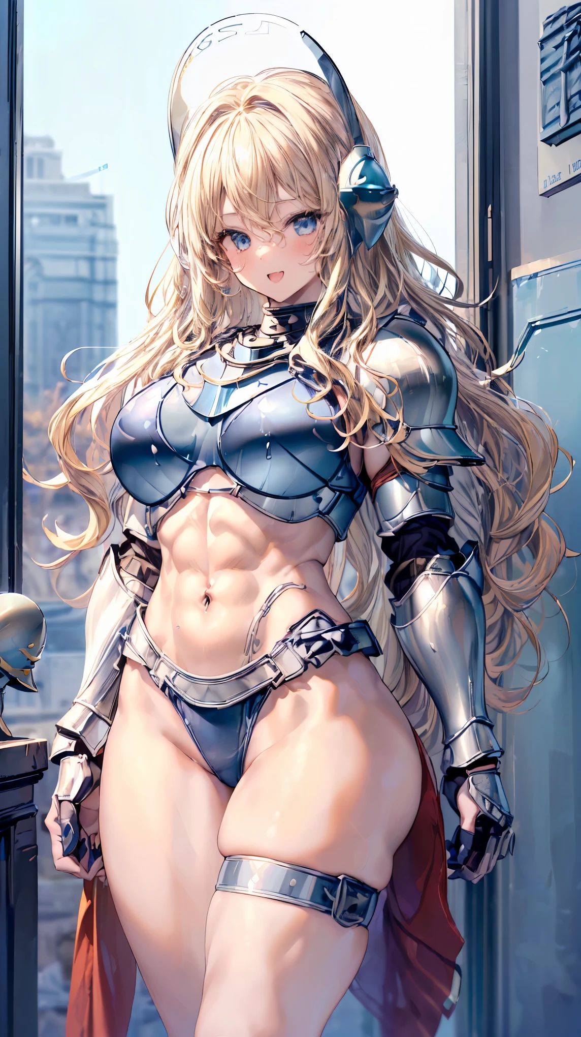 (Adult women:1.5)、Very detailed、highest quality、Best image quality、masterpiece、8k、Anime Face、A kind smile、(Open your mouth:1.3)、Sparkling blue eyes、(Blonde Wavy Hair:1.5)、、Muscles of the whole body、(High leg:1.5)、Thigh belt、(Wearing steel bikini armor:1.5)、(Cowboy Shot:1.5)、(Leg armor:1.5)、(Wearing a helmet:1.5)、SFW Giant
