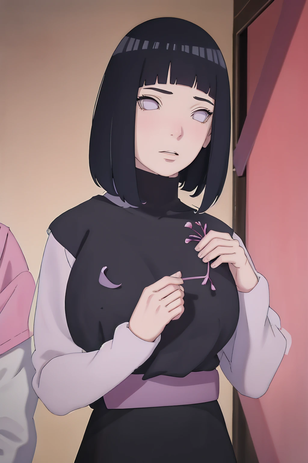 masterpiece, absurdres, hinata\(boruto\), 1girl, solo,mature female, tshirt long sleeve, black dress, black pant, high waist short skirt, looking at viewer, (falling petals), perfect composition, detailed lips, big breast, beautiful face, body propotion, blush, (pink lips), long hair,  purple eyes,  soft gaze,  super realistic, detailed, photoshoot, realistic face and body, thighhighs, happy, closed mouth