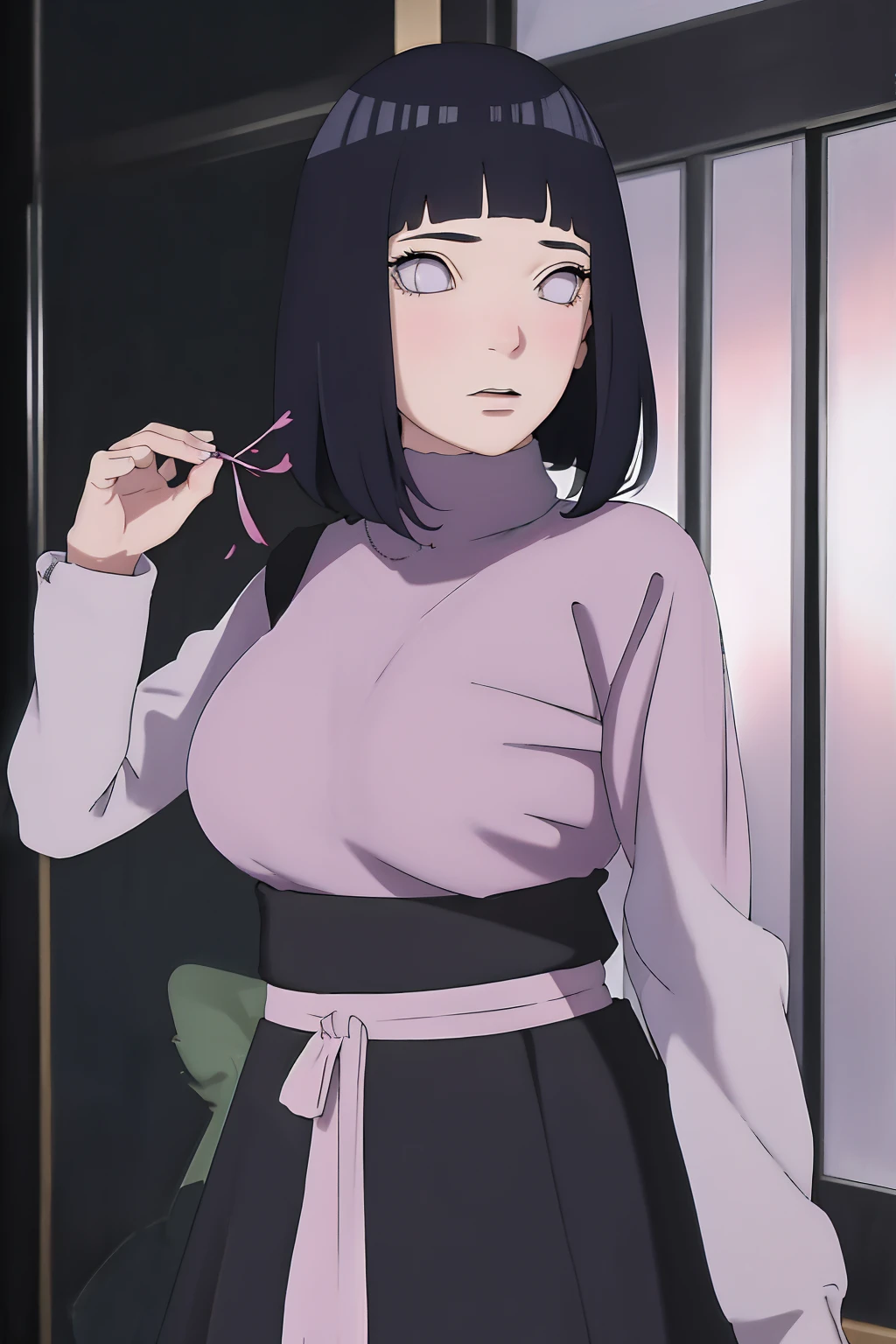 masterpiece, absurdres, hinata\(boruto\), 1girl, solo,mature female, tshirt long sleeve, black dress, black pant, high waist short skirt, looking at viewer, (falling petals), perfect composition, detailed lips, big breast, beautiful face, body propotion, blush, (pink lips), long hair,  purple eyes,  soft gaze,  super realistic, detailed, photoshoot, realistic face and body, thighhighs, happy, closed mouth