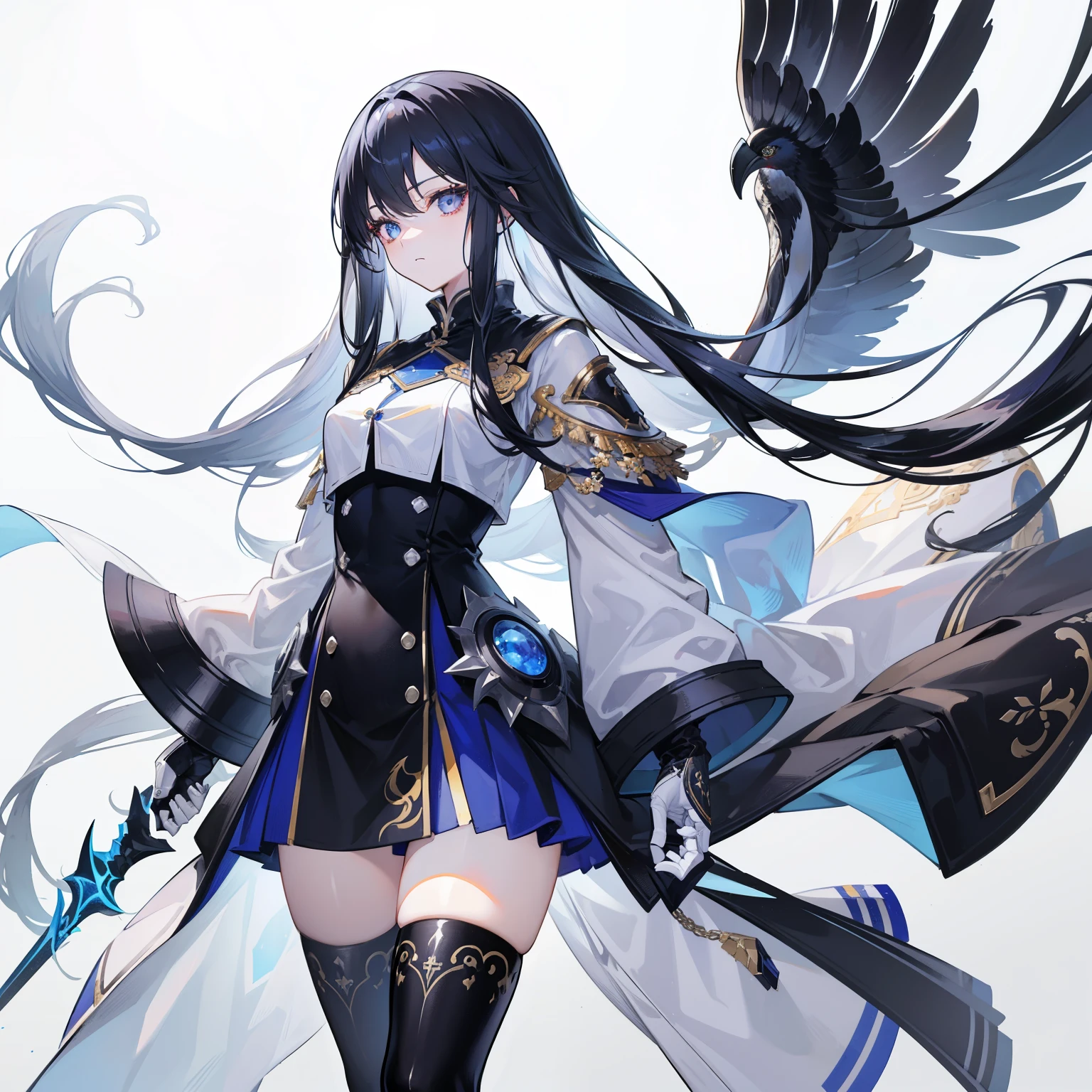 girl,Long Black Hair, The inside of the hair is blue、Iris,White coat,uniform、masterpiece, highest quality, Super detailed, Downcast eyes,Tabletop, highest quality), (Perfect athletic body:1.2),8K High Resolution, Trend Art Station, White Background, Standing in the Wilderness,whole body、Crow-shaped gauntlets,Yankee