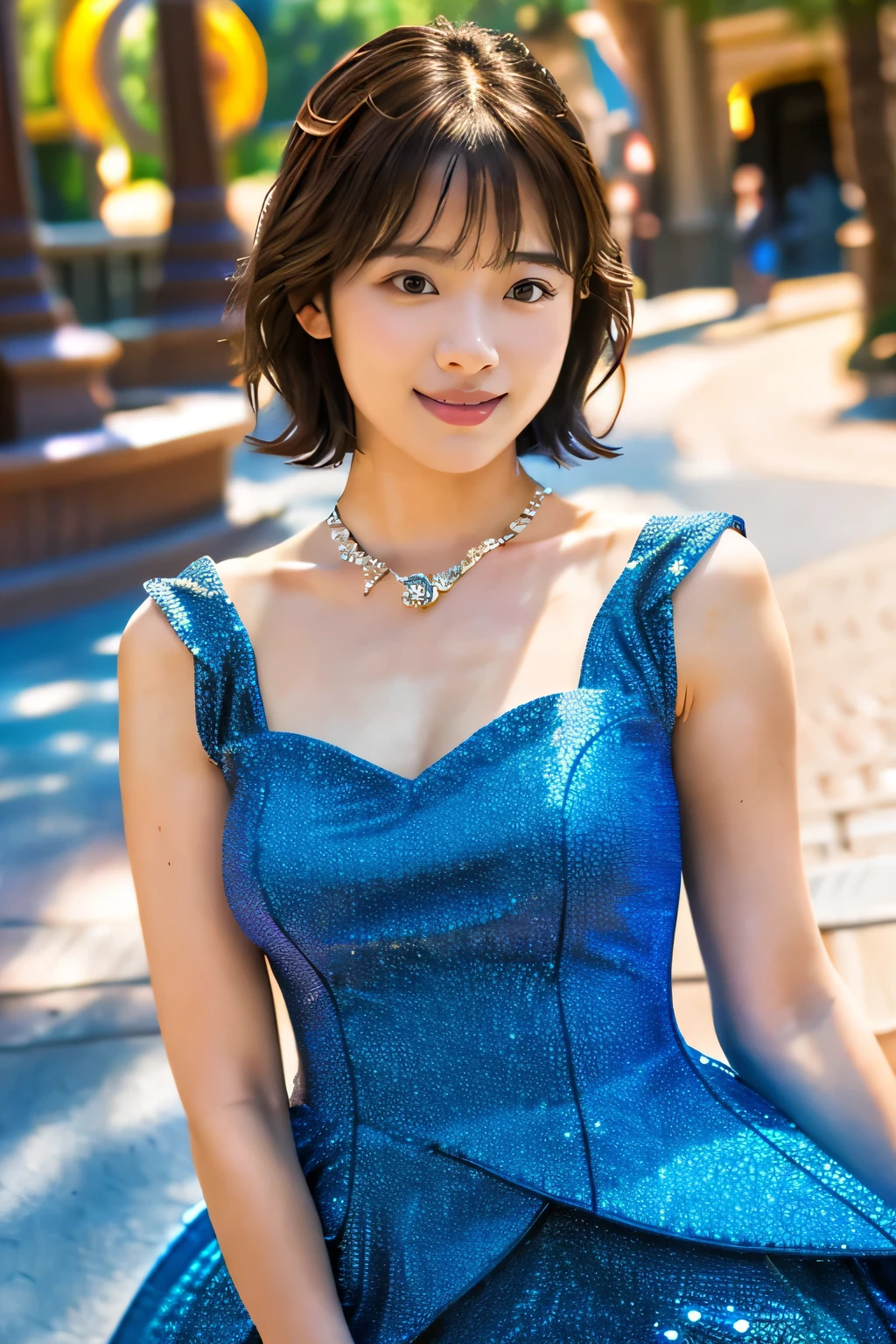 (Disneyland:1.5)、(dress like cinderella:1.5)、(Full-body photo:1.5)、highest quality, Photorealistic, Very detailed, finely, High resolution, 8K Wallpaper, Professional, High level of detail, ((One 18 year old girl:1.2)), Slender Japanese women,Pretty lips, (Beautiful long lashes:1.2)、Detailed clavicle, Perfect Face, (Cute short bob hair:1.5),Top Quality,Ultra-clear resolution,Clear Eyes,Sunburned skin,perfect medium breasts,A pretty necklace around the neck、have perfect legs,A kind smile、