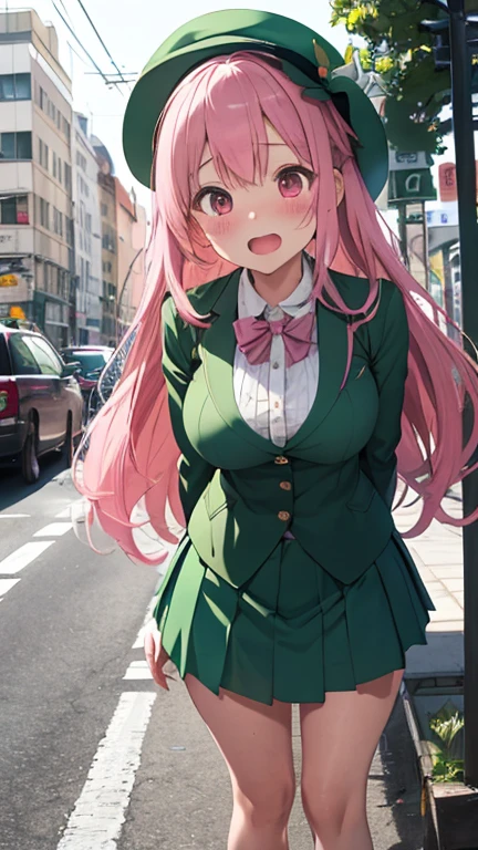 masterpiece、highest quality、Very detailed、Photograph the upper body、1 female、(Put your arms behind your back:1.2)、Are standing、Turn your body forward、View your viewers、(bus guide、green-lady's-suit,green-mini-skirt,green-mini-round-hat)、break,blush、shy、Pink Hair、Open your mouth、inside bus、Big Breasts、