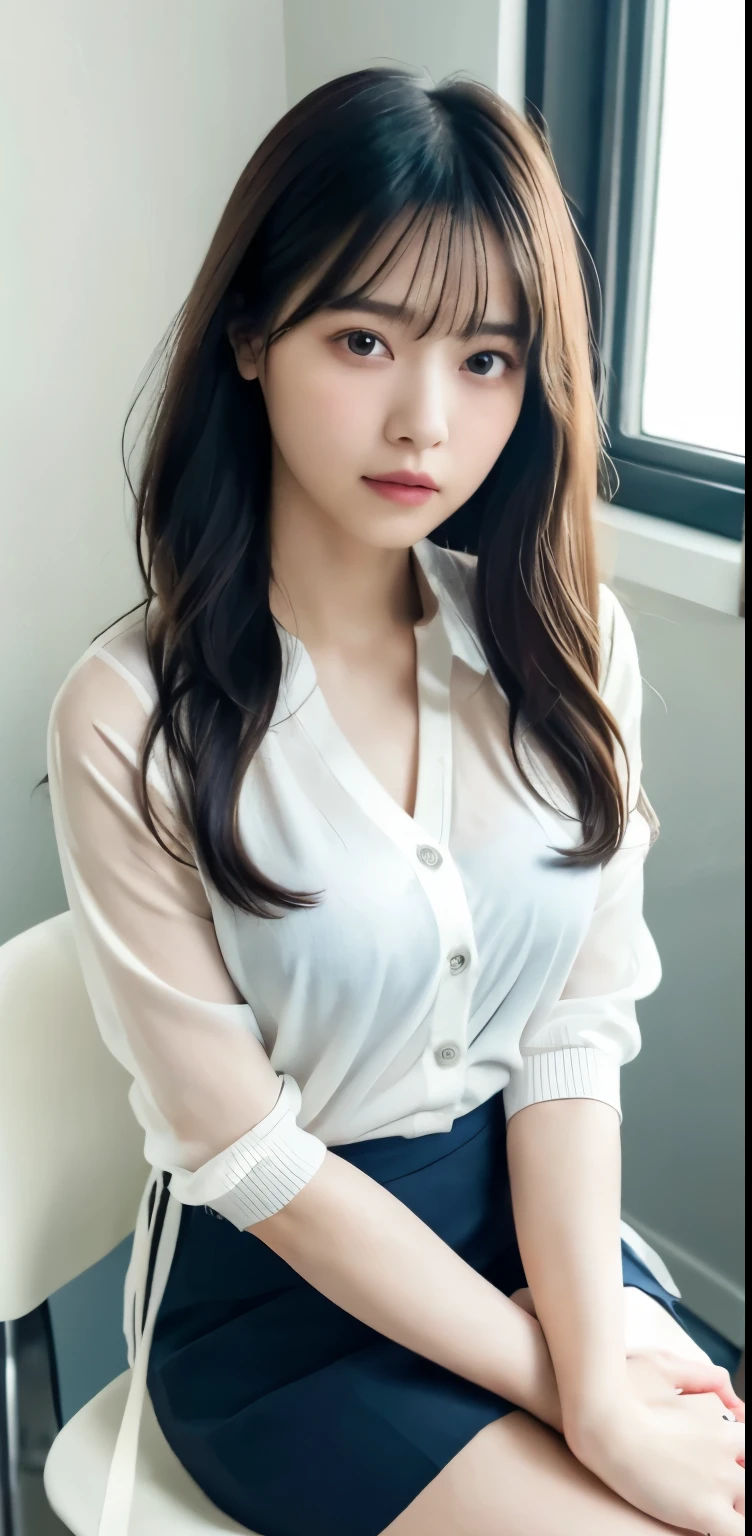 masterpiece, highest quality, 8k, 20th Generation, Large Breasts, cute, alone, sad, cute, Girlish, Delicate girl, Pure beauty,  RAW Photos, Professional photography, Portraiture, Soft Light, Professional Lighting, Backlight, Upper Body, avert your eyes, Sophisticated, Film Grain, (Eyes and facial details:1.0), Short floating hair, Beautiful, flowing hair, bangs, ((A loose white see-through blouse))、((Bright pastel colored cardigan))、((Navy blue micro mini skirt))、(Large Breasts:1.2)、You can see a little cleavage、Nipple protrusion、Dolly Makeup、Translucent white skin、White Breasts、sitting in an office chair、(Voluptuous thighs)、Odd Eye、The colour of the left and right eyes are different