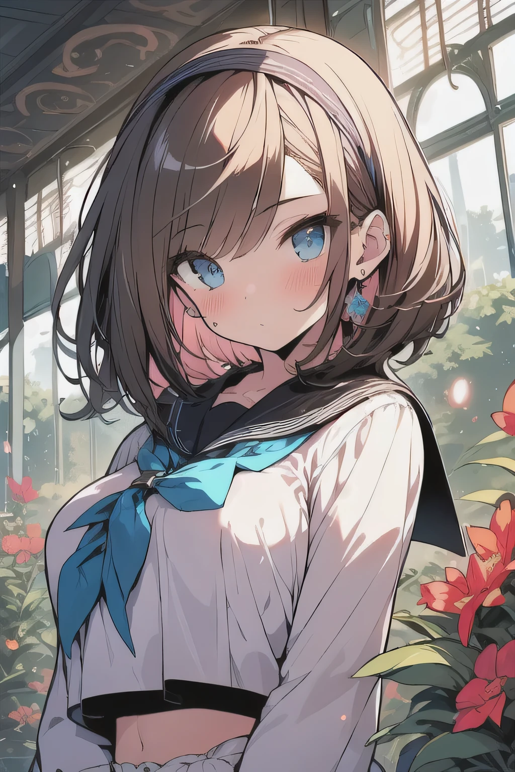 (best quality), (Super detailed), (Best Illustration), (masterpiece), (woman), {(white serafuku:1.2)}, (large breasts:1.2), {brown hair, (sideburns), (bob cut:1.3), curly hair, hairs between eyes, colored inner hair}, {(detailed eyes), blue eyes}, blush, earring, wind, hair band, (botanical garden), station