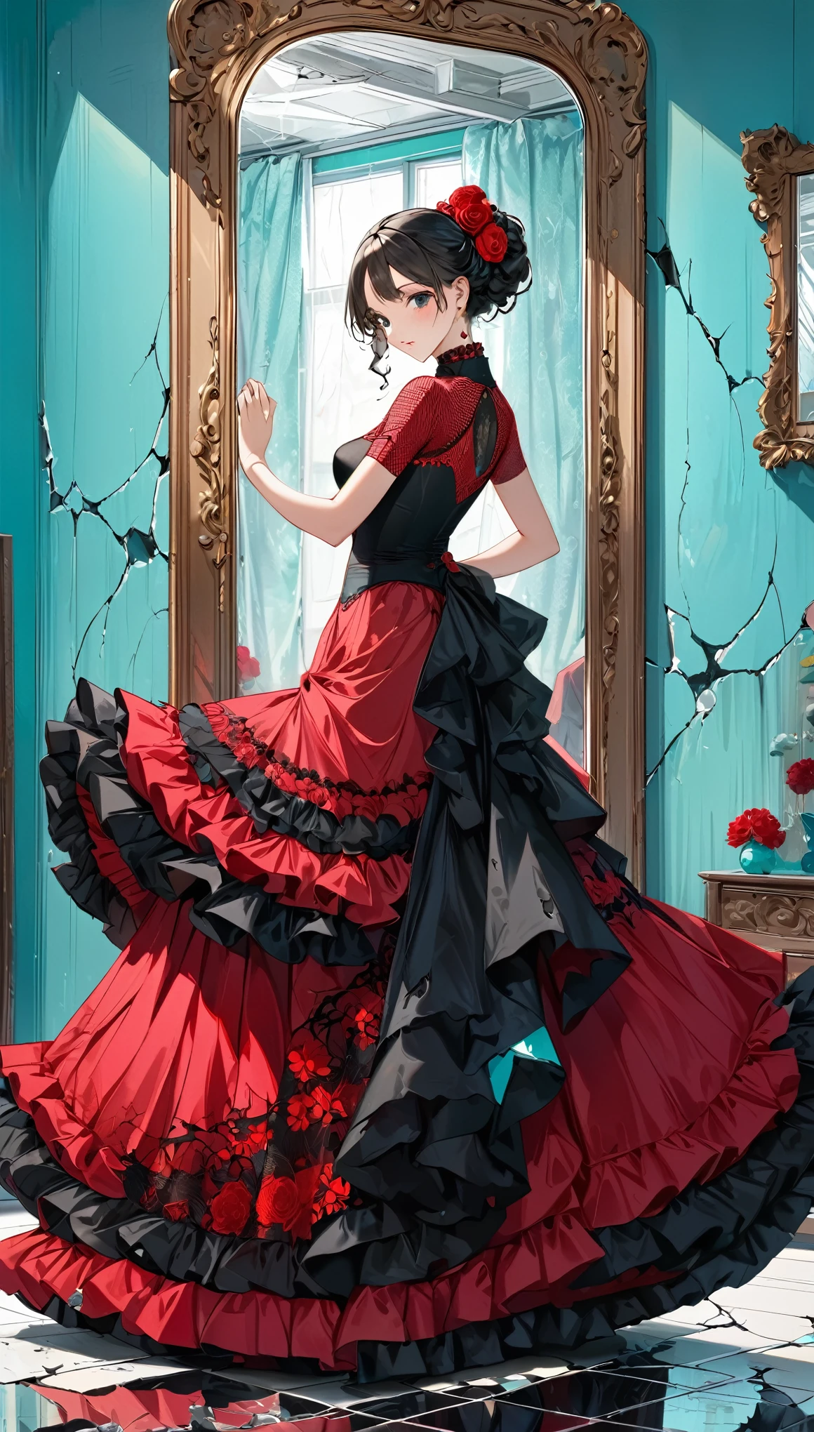 best quality, super fine, 16k, incredibly absurdres, extremely detailed, delicate and bold, a work of art, A beautiful woman wearing a red and black flamenco costume is reflected in a cracked mirror that radiates out from the center of the mirror, Tiffany blue plaster design room