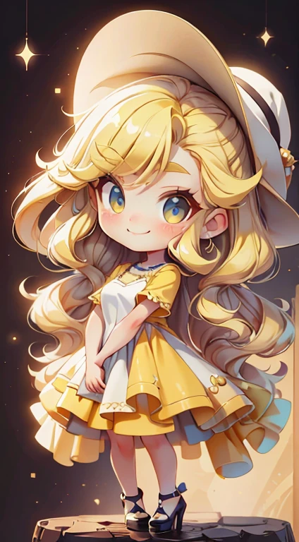 1 girl， Chibi T-shirt， Yellow Hair， Luxury Fabric，，deep， Looking at the audience， White Background、pretty girl、Mischievous look、Luxury Dresses、Best image quality、masterpiece、Straight hair、hat、Cute Girls、smile