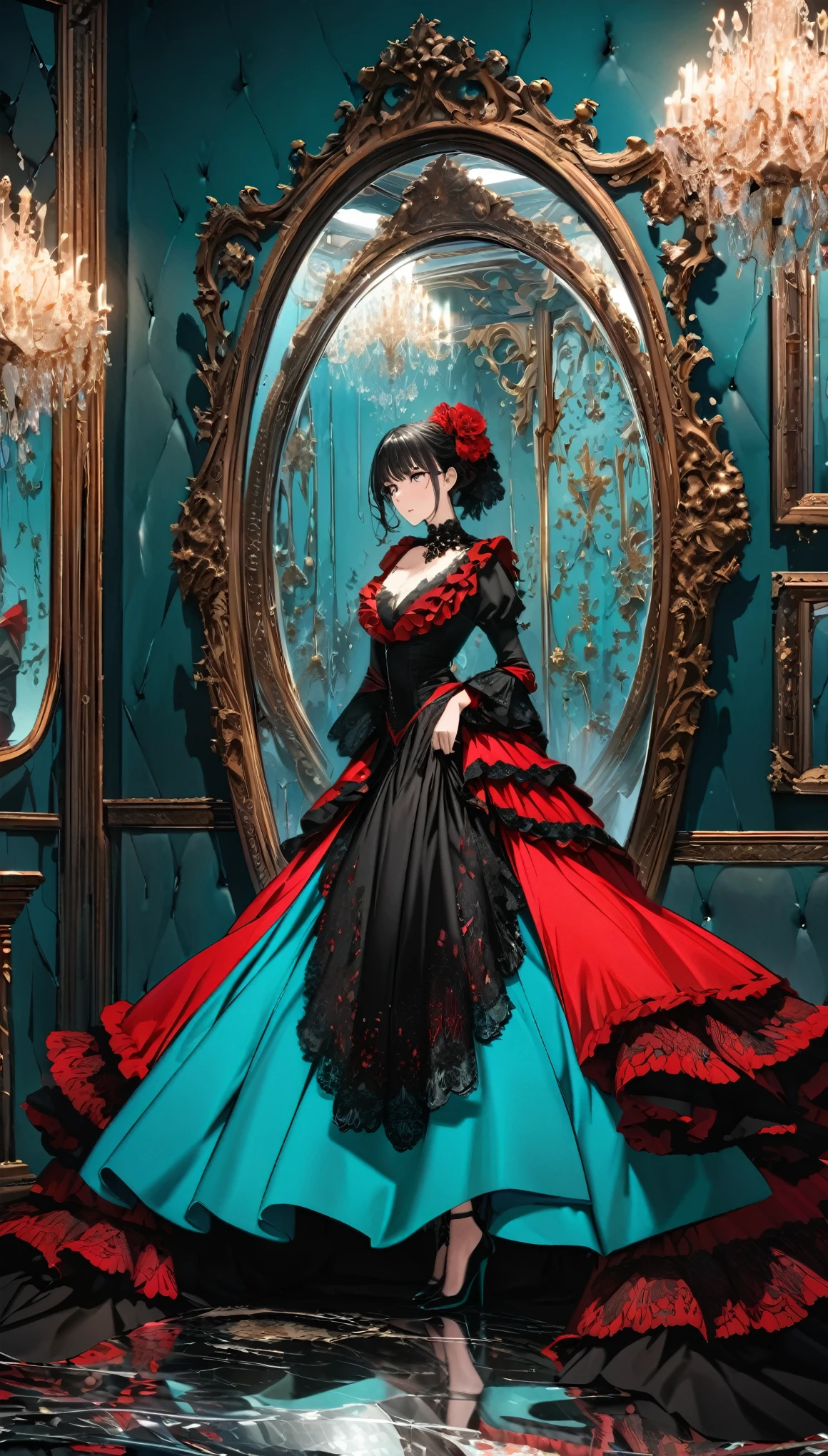best quality, super fine, 16k, incredibly absurdres, extremely detailed, delicate and bold, a work of art, A beautiful woman wearing a red and black flamenco costume is reflected in a cracked mirror that radiates out from the center of the mirror, Tiffany blue plaster design room