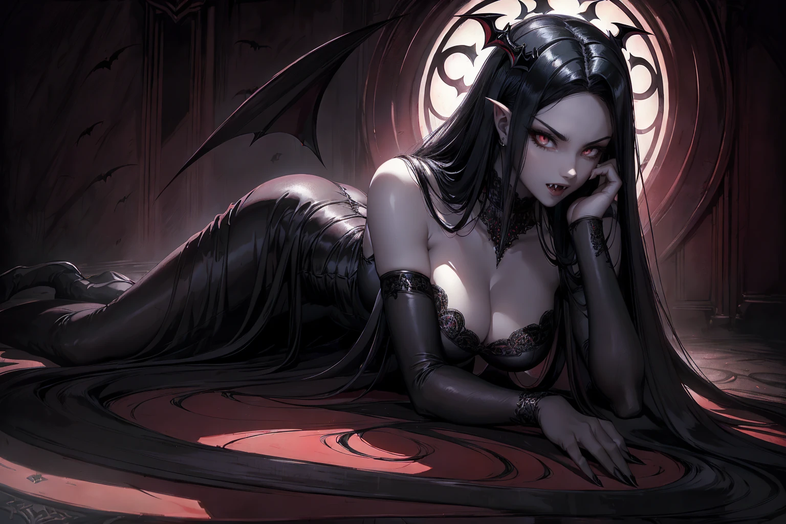 absurdres, ((stunning female Vampire))), goth Renaissance, (long black hair:1.erfect and detailed angular sharp oval shaped face, ((redeyes)), jewelry, red and black tetradic colors, full lips, gothic castle background, (solo), perfect anatomy, approaching perfection, ethereal, intricate details, ultra-high definition, 12k resolution, goth aesthetic, smooth, sharp focus, dreamy, glowing, backlit, glamour, glimmer, fantastical, shadows, smooth, Gothic crown, laying on the ground,  perfect hands