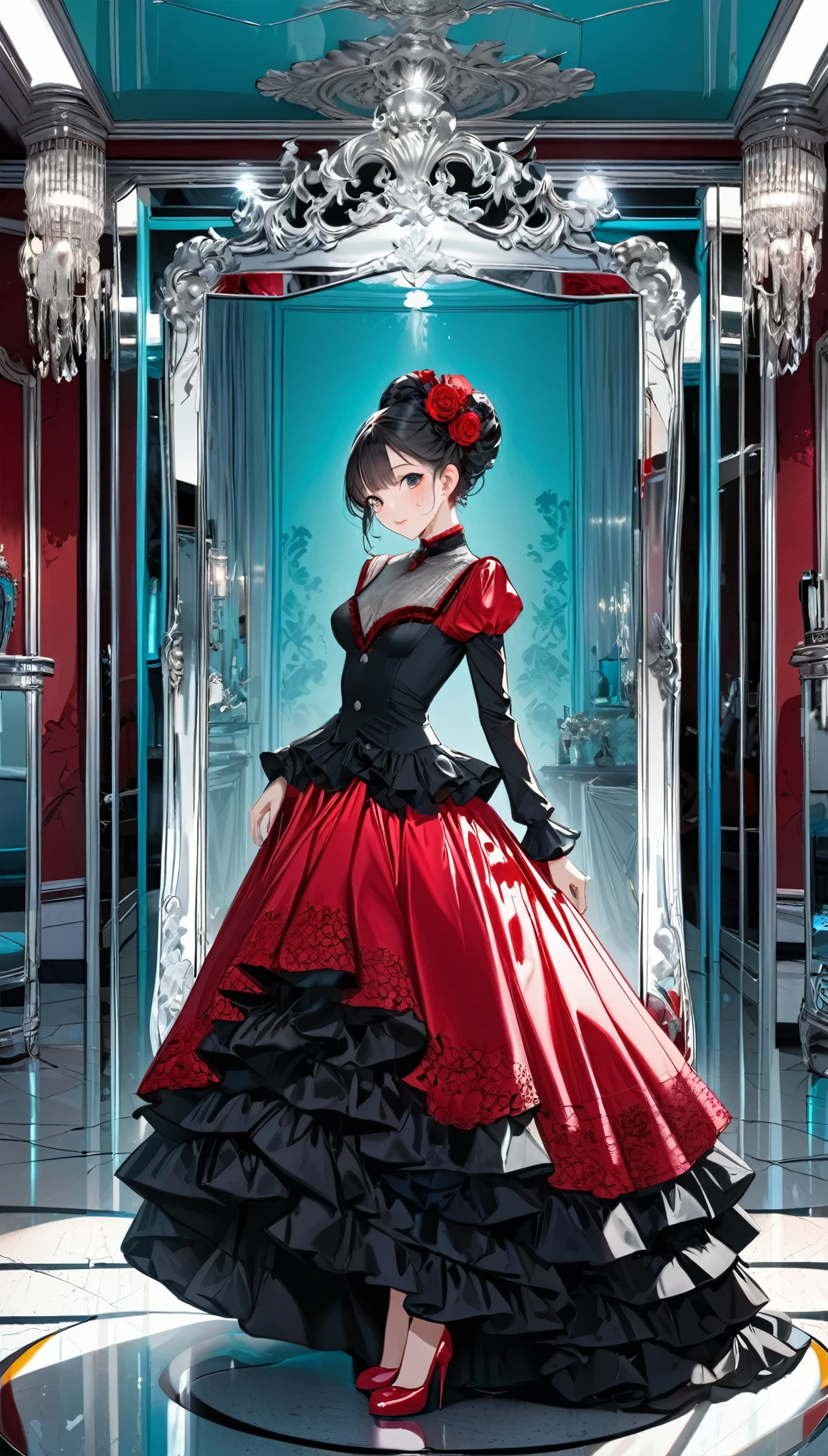 best quality, super fine, 16k, incredibly absurdres, extremely detailed, delicate and bold, a work of art, a carved mirror frame made of luxurious silver chrome plating, cracks radiating from the center of the mirror, red and black flamenco costumes reflected in the mirror, beautiful woman, Tiffany blue plaster room
