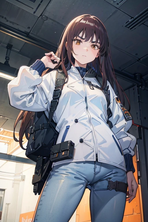 (8K Ultra High-Quality) (Masterpieces) (Very NSFW Image) 1 Girl, long hair, orange eyes color, wearing Tactical Jacket with a bunch of pouches, wearing Blue Jean with Pistol Holster, carrying bag, holding M14 Battle Rifle, looking at viewer sad face. Spread legs, ass