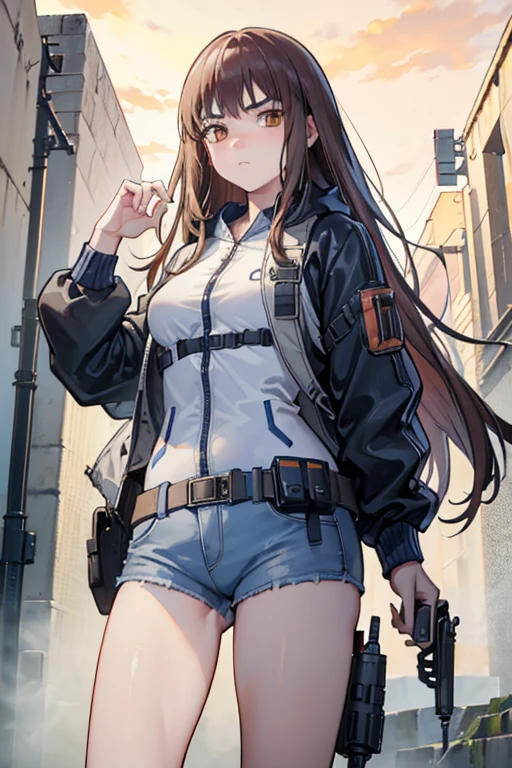 (8K Ultra High-Quality) (Masterpieces) (Very NSFW Image) 1 Girl, long hair, orange eyes color, wearing Tactical Jacket with a bunch of pouches, wearing Blue Jean with Pistol Holster, carrying bag, holding M14 Battle Rifle, looking at viewer sad face. Spread legs, ass