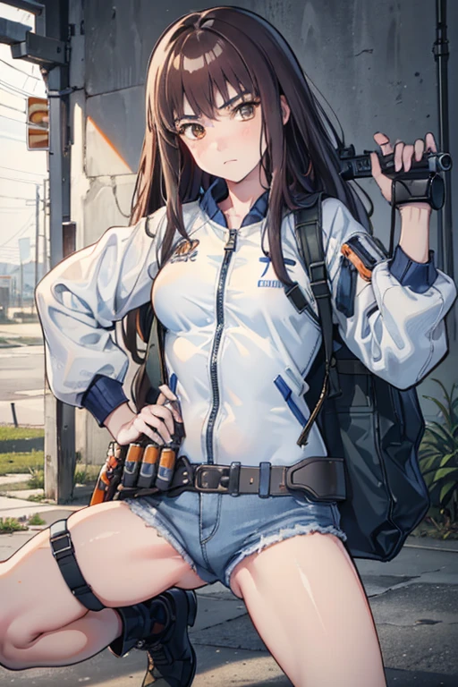 (8K Ultra High-Quality) (Masterpieces) (Very NSFW Image) 1 Girl, long hair, orange eyes color, wearing Tactical Jacket with a bunch of pouches, wearing Blue Jean with Pistol Holster, carrying bag, holding M14 Battle Rifle, looking at viewer sad face. Spread legs, ass