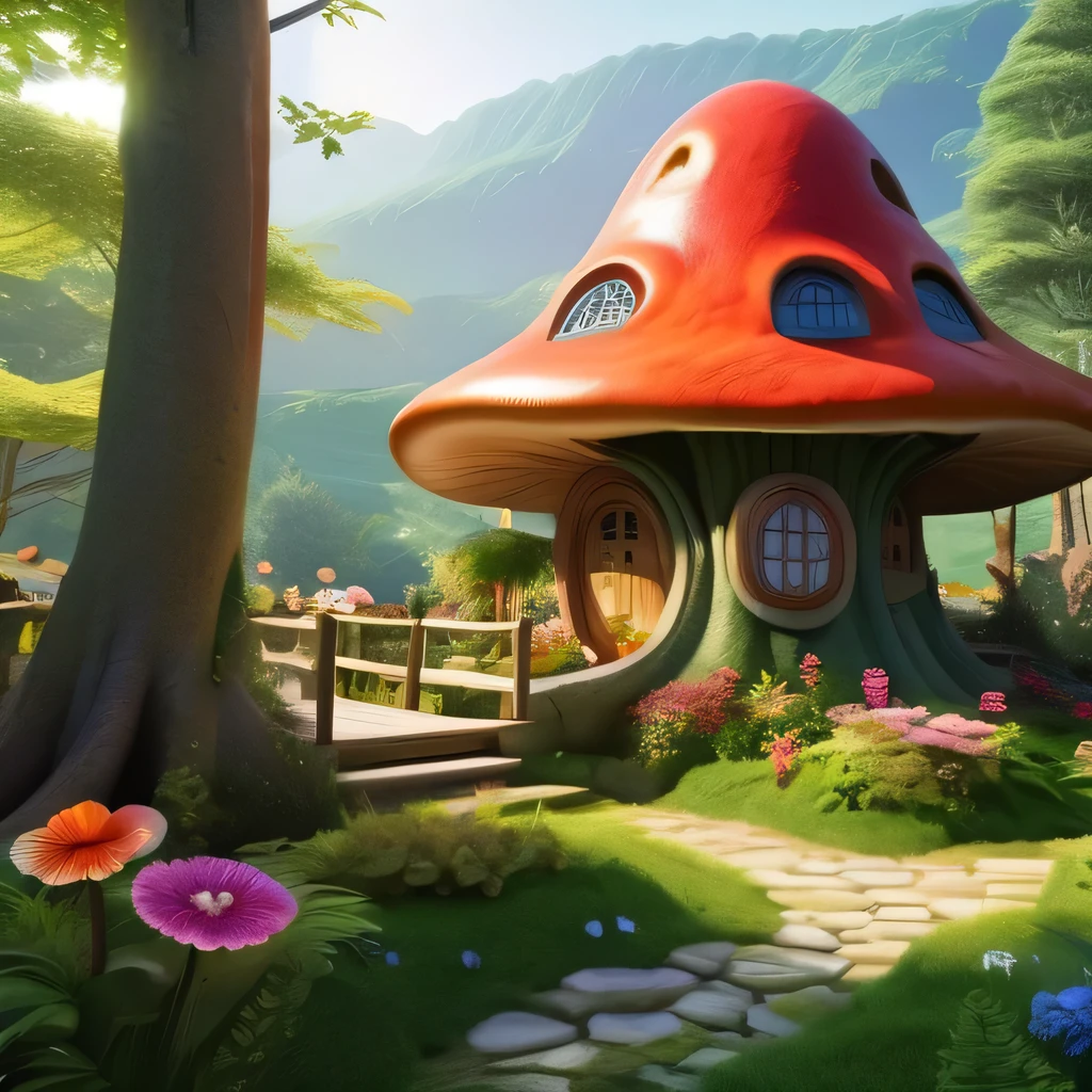 (Mysterious fantasy forest,Dense trees,A strange and cute little tree:1.5),Hobbit Cottage, vividly depicted in the work (best quality, 8k, Advanced Solutions, masterpiece: 1.2), With super detailed details, (1.4 倍Reality, Reality: 1.37). This dreamy forest is made up of bright colors,Bathed in the warm sunshine, create cheerfulness、whimsical atmosphere. The house was designed with great attention to detail, Featuring complex designs and unique architecture, Similar to a mushroom-shaped house。 (This dreamy forest is surrounded by lush greenery and colorful flowers), Enhance enchanting and magical environments。 The artwork demonstrates an illustrative style, Inspired by children's book illustrations, Ensures a charming and nostalgic touch. The color palette consists of bright rainbow colors, Seven colors,Evoke feelings of joy and playfulness. Lighting sets off the picturesque scene, Create soft, warm shadows,Add depth and warmth to artwork. Every detail is impeccably presented, Create visually stunning masterpieces,Capture the essence of Fantasy Forest.