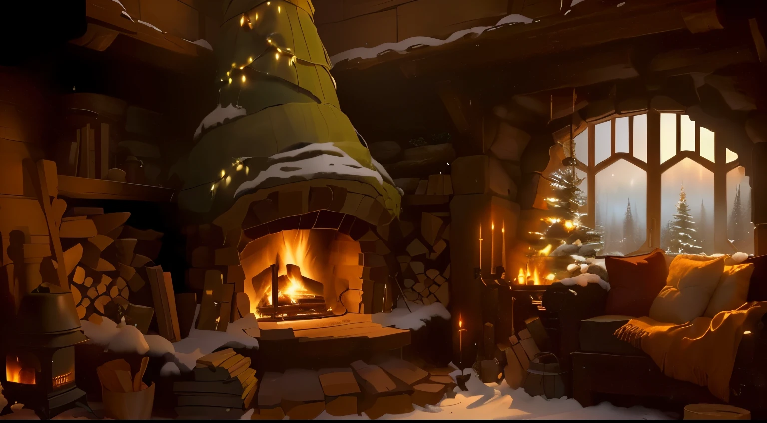 A cozy hobbit hat fireplace, winter ambient fill of objects, wood fire piles, a large window