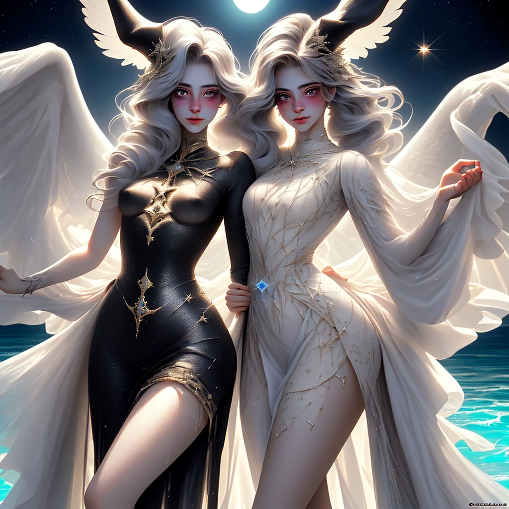 Sisters, Milky Way, Crescent Moon, Meteor Shower, Silver Hair, Feathered Angel Wings, Elven Ears, Transparent Finish, Realistic Body Lines, (((Many long white lace veils flutter in the wind))),((Red tattoo with womb under the navel))))), (Silk gold and silver lingerie), ((((Dirty crest)))